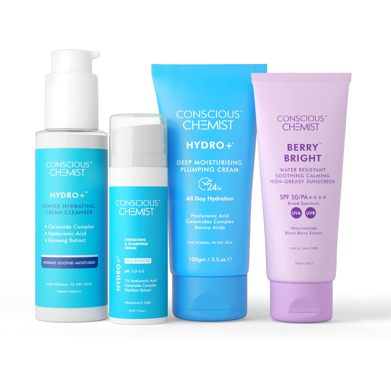 Conscious Chemist Daily Hydration Skincare Routine Kit For Normal To Dry Skin | Pack of 4 | 24H Hydration | Hyaluronic Acid | Face Wash, Serum, Face Moisturiser, Sunscreen