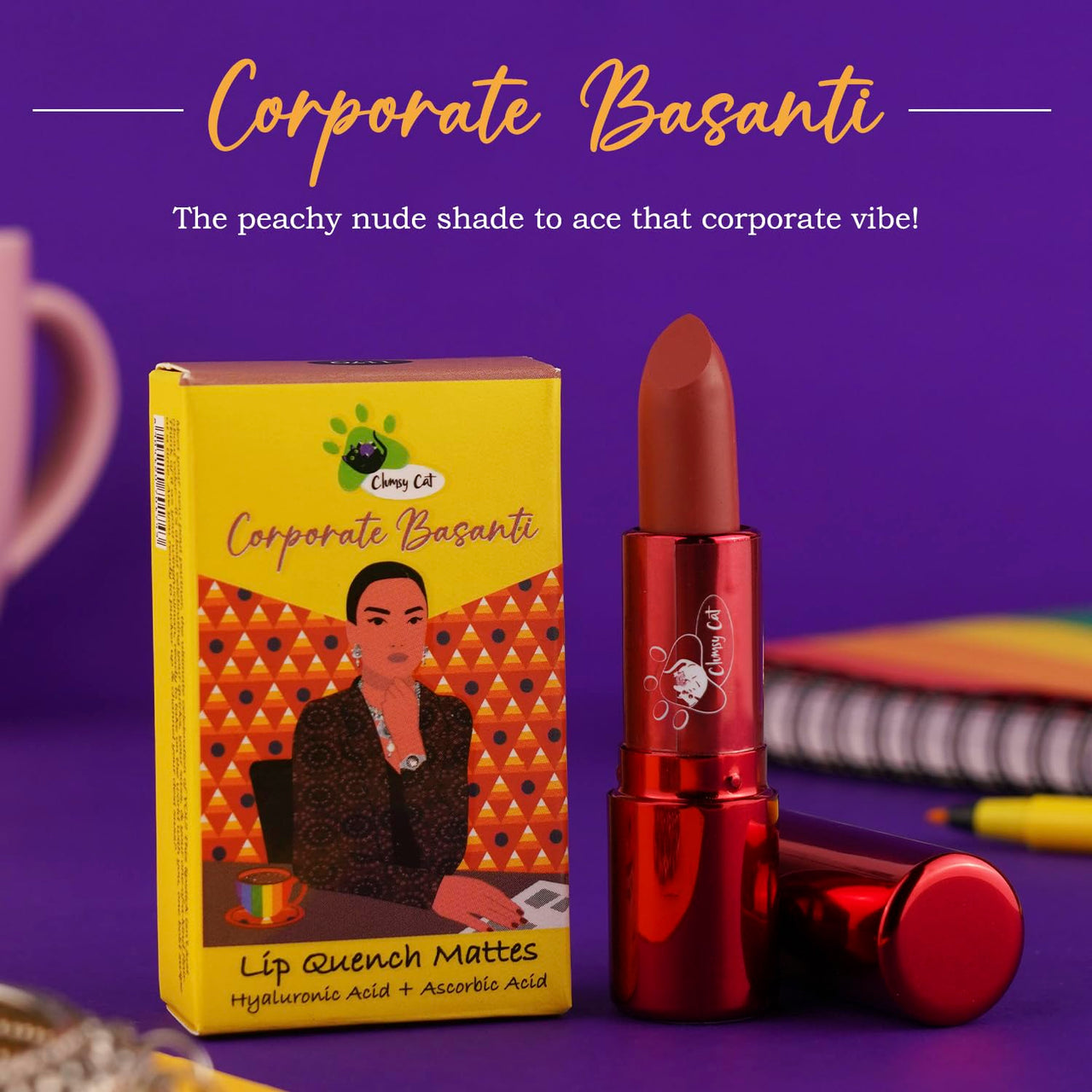 Clumsy Cat Corporate Basanti Matte Lipstick – Peachy Nude Shade | Long Lasting, Waterproof, Smudge-Proof & Non-Sticky | Nude Lipstick for Women & Dusky Skin Tone | Daily Use, Office Use & College Makeup