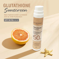Glamveda Glutathione & Vitamin C Sunscreen SPF 50 Pa+++| Broad-spectrum Sunscreen with Advanced Blue Light Filter | UVA/UVB Protection | No White Cast, Water resistant & Non Sticky | 50gm