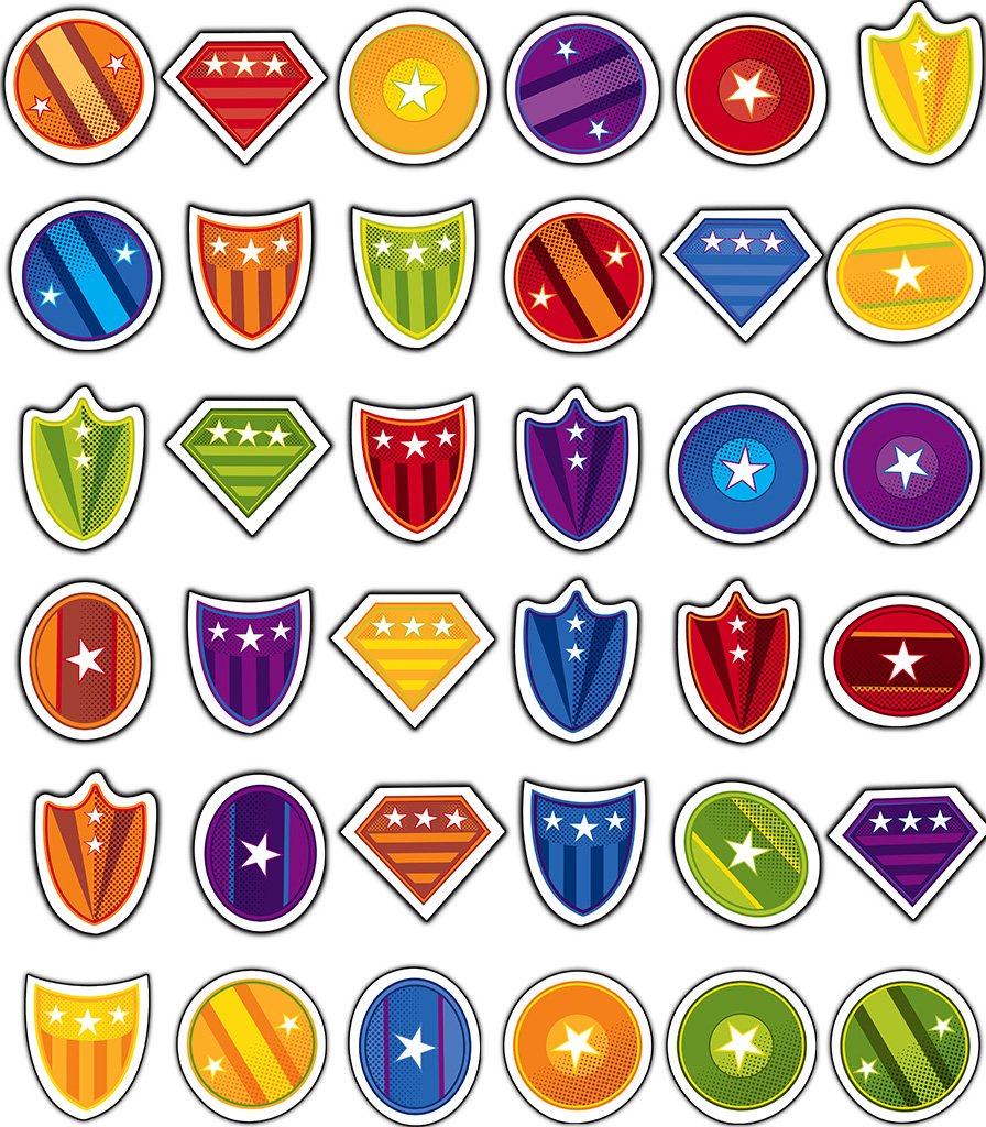 Carson Dellosa 36 Mini Super Heroes Shield Cutouts, Colorful Hero Action Sign Cutouts for Classroom, Super Hero Cutouts for Bulletin Board, Hero Theme Party, and Comic Superhero Classroom Décor Shields