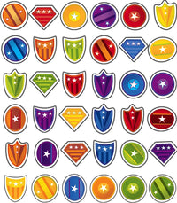 Carson Dellosa 36 Mini Super Heroes Shield Cutouts, Colorful Hero Action Sign Cutouts for Classroom, Super Hero Cutouts for Bulletin Board, Hero Theme Party, and Comic Superhero Classroom Décor Shields