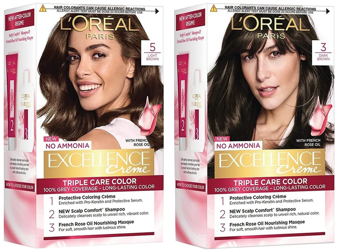L'Oreal Paris Excellence Creme Hair Color, 3 Dark Brown/Natural Darkest Brown, 72Ml+100G & Excellence Creme Hair Color, 5 Light Brown/Natural Brown, 72Ml+100G