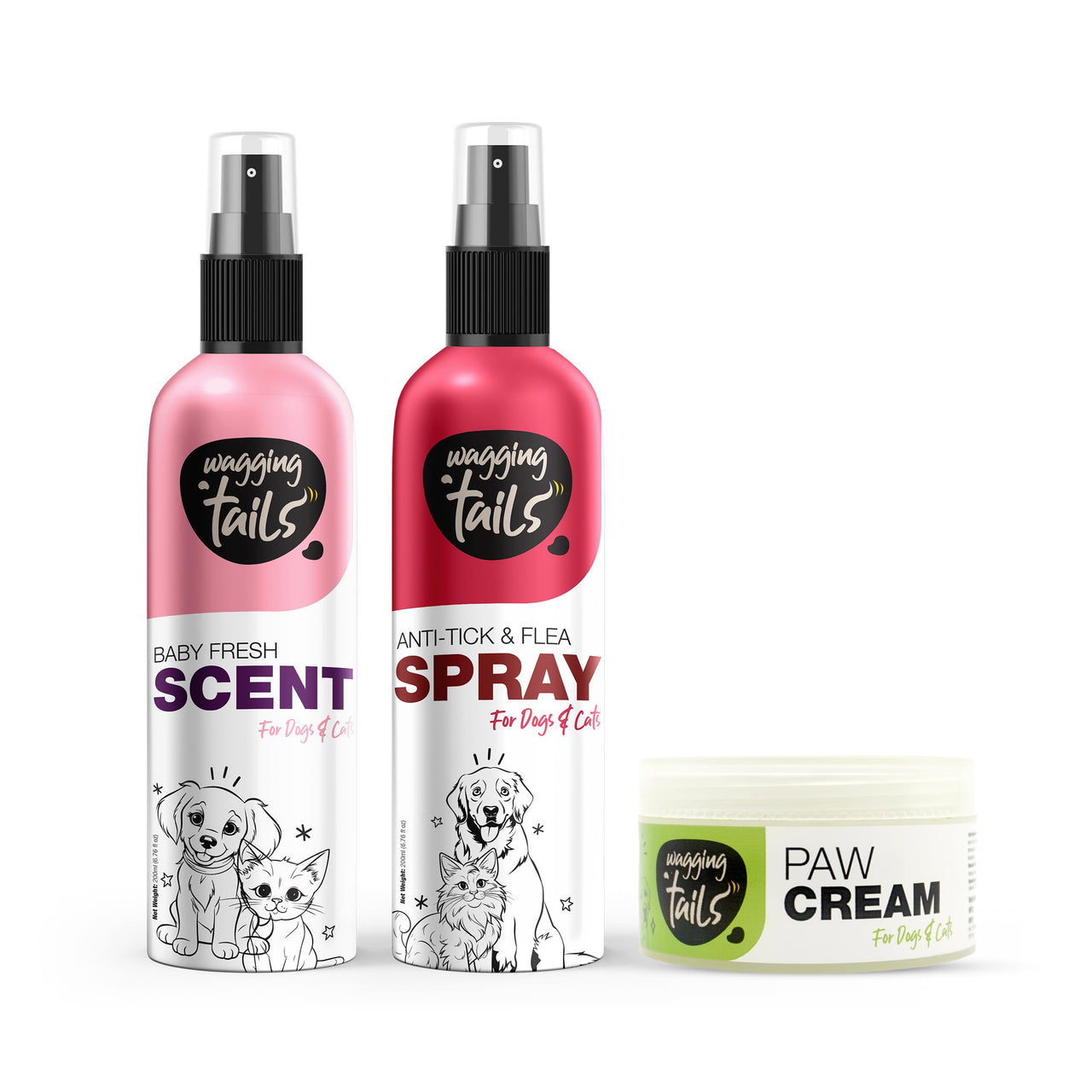 Wagging Tails 3 in 1 Grooming Kit Combo for Pets Dog Anti-tick and flea Spray 200ml +Paw Cream 50gm + Baby Fresh Scent 200ml