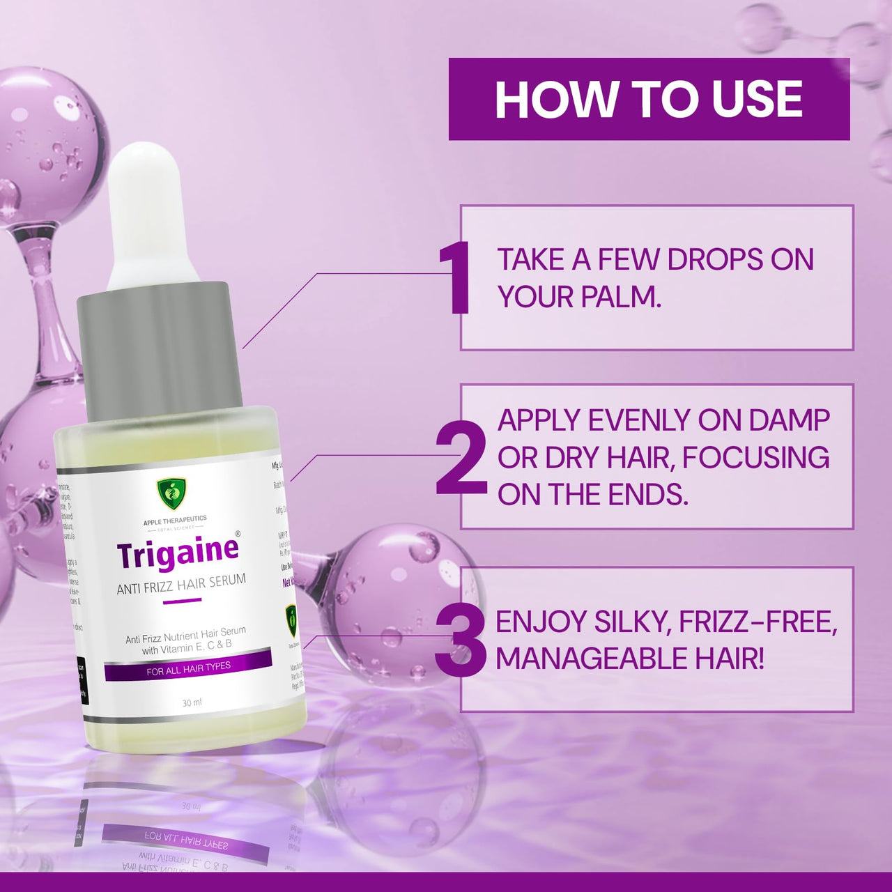 Trigaine Anti-Frizz Hair Serum 30ml | Detangle Hair Controls Frizz Repairs Dry & Brittle Hair | Argan Oil Vitamin E C & B Enriched Leave-In Hair Serum | Lightweight Non-Greasy