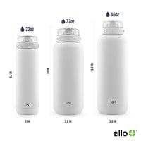 Ello Cooper Stainless Steel Water Bottle with Straw and Carry Handle, Double Walled and Vacuum Insulated Metal, Leak Proof Locking Lid with Soft Silicone Spout, Reusable, BPA Free, 22oz, 32oz, 40oz White