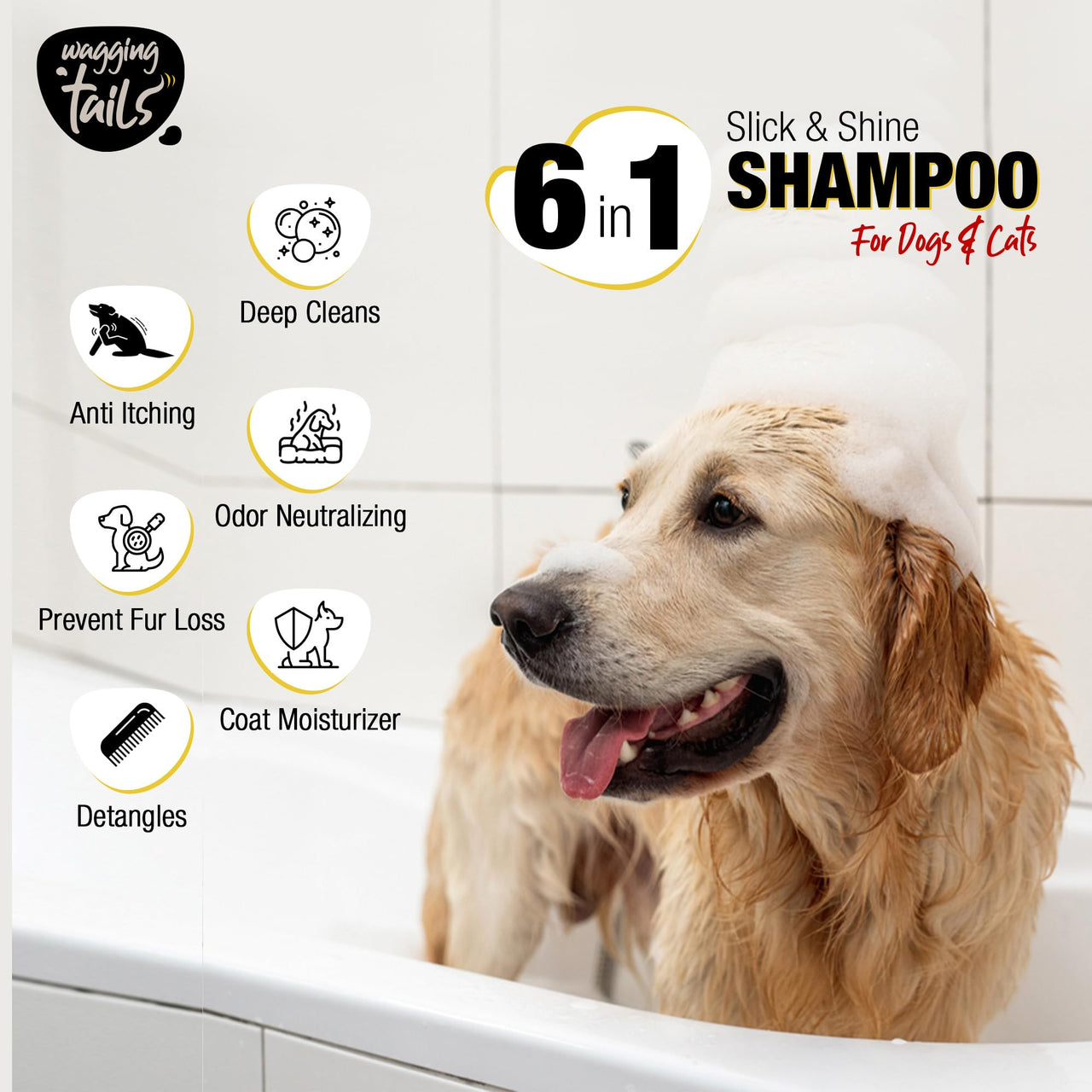Wagging Tails Slick & Shine 5-In-1 Pet Shampoo-400 Milliliter Deodorize & Moisturise The Skin Remove Dirt Help To Repair Damaged Hair Anti-Itching & Anti-Dandruff Deep Cleanser All Breed Dog & Cat