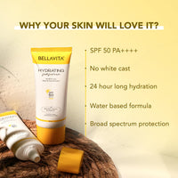 BELLAVITA Water based Hydrating Sunscreen, SPF 50, Lightweight PA+++, For All Skin Types, No White Cast, Non - Greasy Finish, UV Protection, Broad Spectrum, For Men & Women, 50ML
