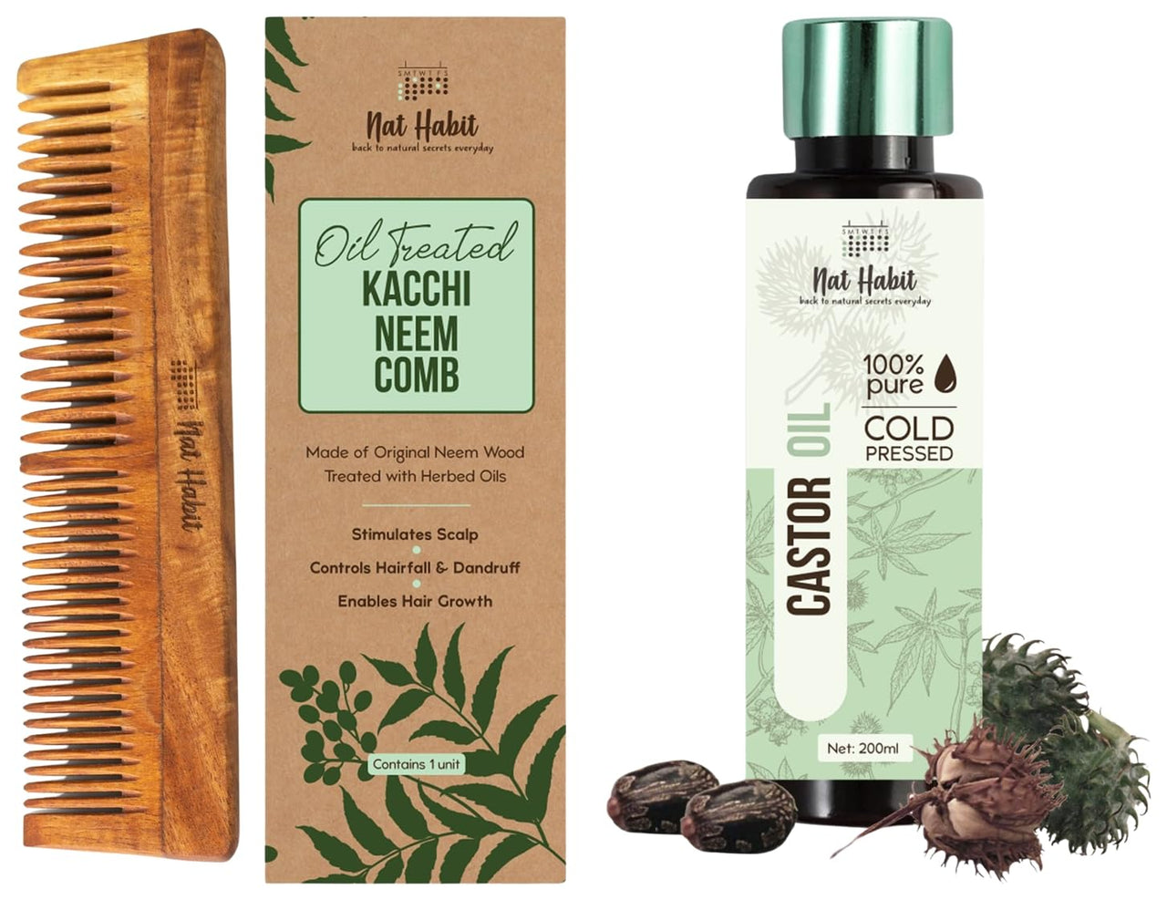 Nat Habit Kacchi Neem Wooden Comb - Soaked In 17 Herbs For All Hair Types (Dual Tooth) and Nat Habit Cold Pressed 100% Pure Castor (Arandi) Oil for Skin & Hair - 200ml