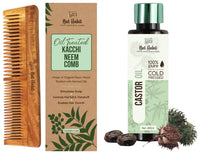 Nat Habit Kacchi Neem Wooden Comb - Soaked In 17 Herbs For All Hair Types (Dual Tooth) and Nat Habit Cold Pressed 100% Pure Castor (Arandi) Oil for Skin & Hair - 200ml