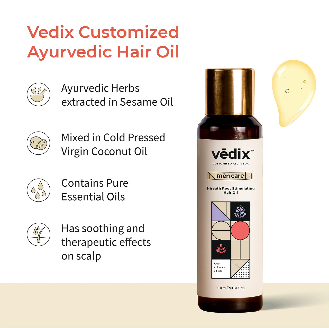 Vedix Hair Fall Oil For Men-Ahuta Root Stimulating Hair Oil With Banyan + Symplocos + Daruharidra Customized For Normal-Oily Scalp & Straight Hair-Customized Ayurveda For Hair Growth In Men-100Ml