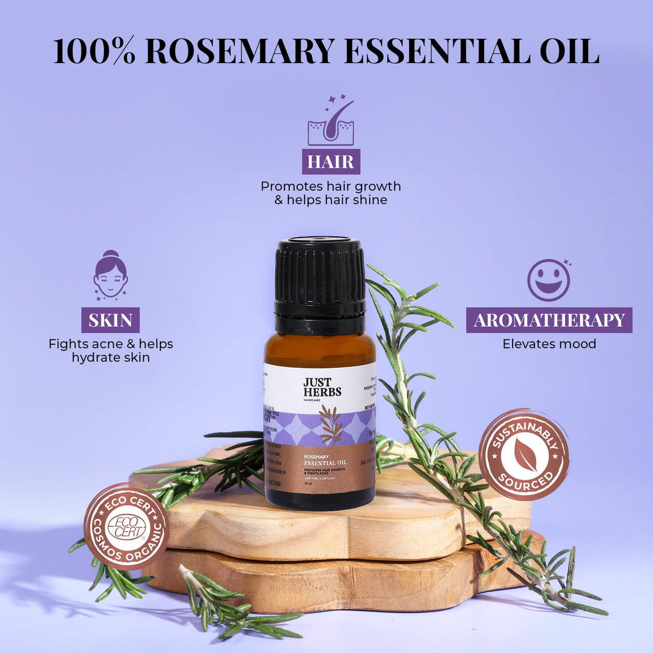 Just Herbs Rosemary Steam 100% Pure Distilled Essential Oil for Hair | Skin | Fights Acne | Elevates Mood Aromatherapy for Men and Women (10 ml)