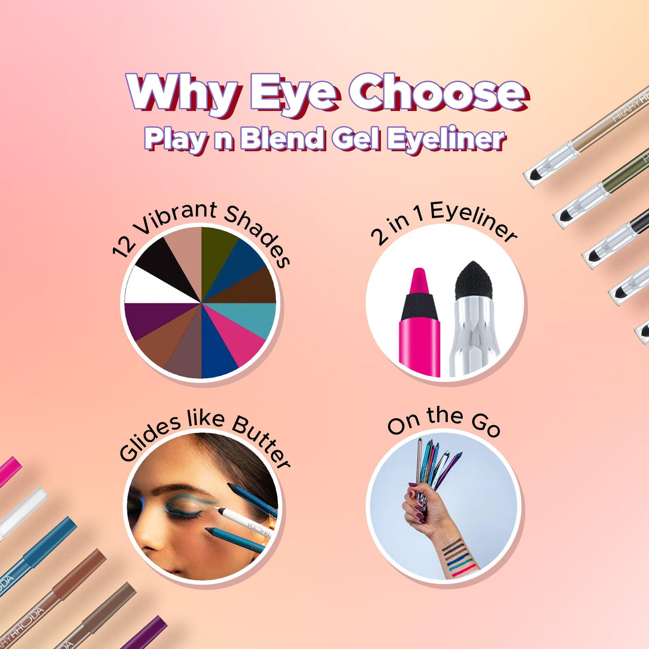 Hilary Rhoda Play n Blend Gel Eyeliner | One Stroke Application | Highly Pigmented | Matte & Shimmer Finish | 2 in 1 Smudger + Eyeliner | Butter Smooth Texture | 1.5g - (Black | Shade 03)
