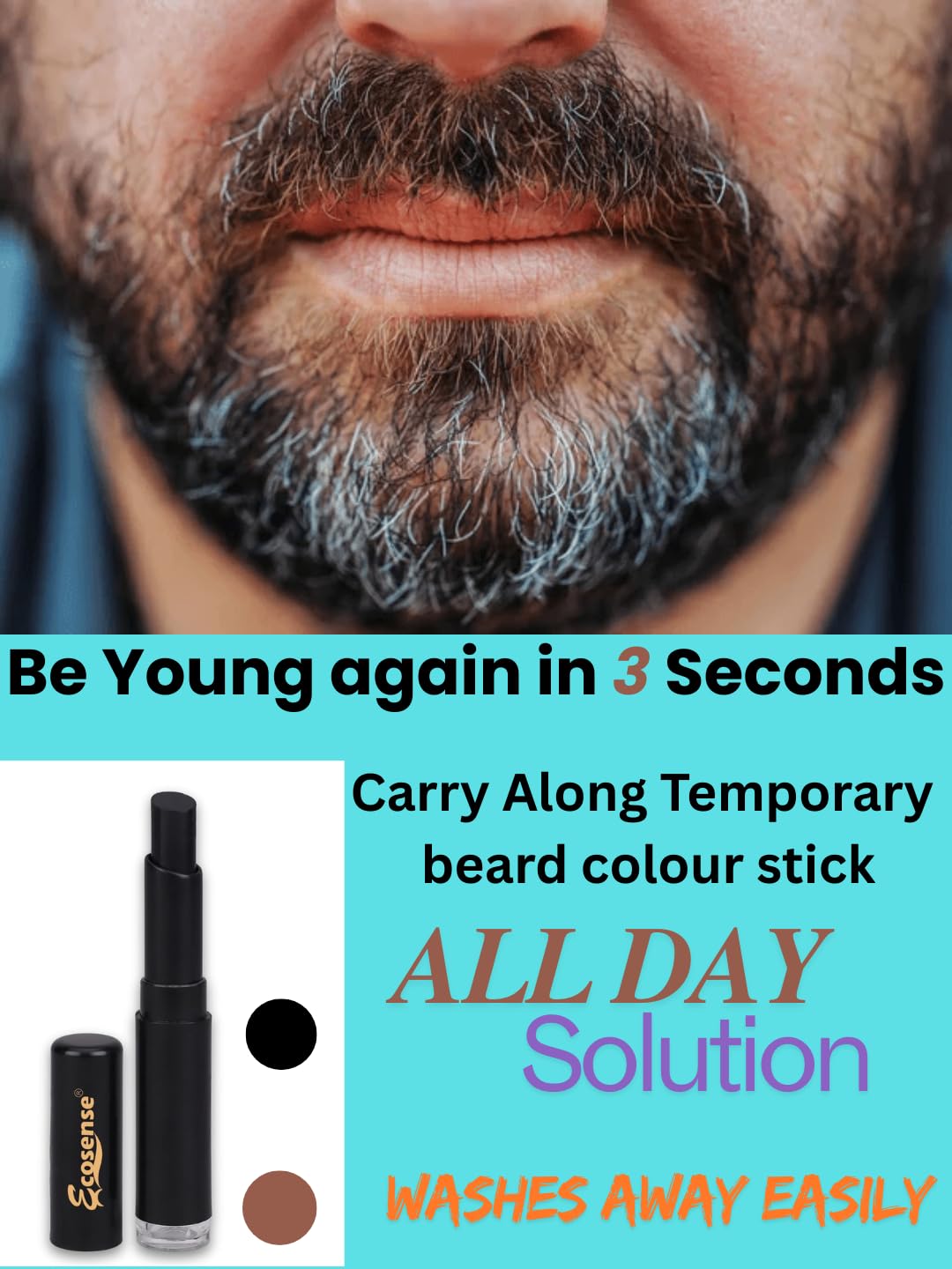 ECOSENSE Beard & Moustache Touchup Stick: Instant Temporary Beard Perfection | Black Color Pencil For Men, Beard Pen, Beard Dye for Long Lasting Coverage, Mustache 3 gm