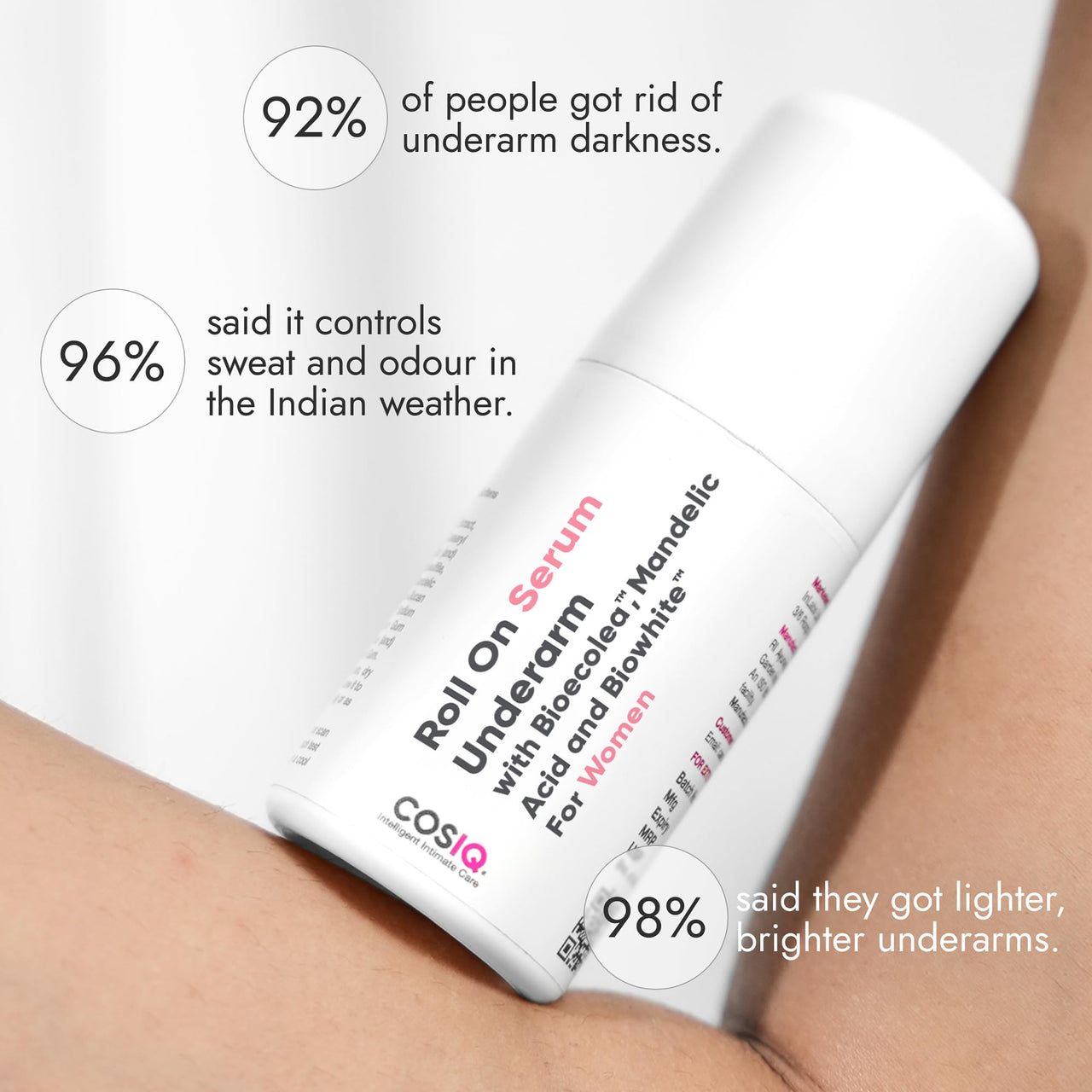 Cos-IQ Brightening Underarm Roll On Serum for Women | With Bioecolea, Mandelic Acid and Bio White | Prevents Body Odour, Brightens Skin & Exfoliates Underarms | Long Lasting deodorant roll on with Fresh Floral Fragrance | Suitable for Sensitive Skin | 40m