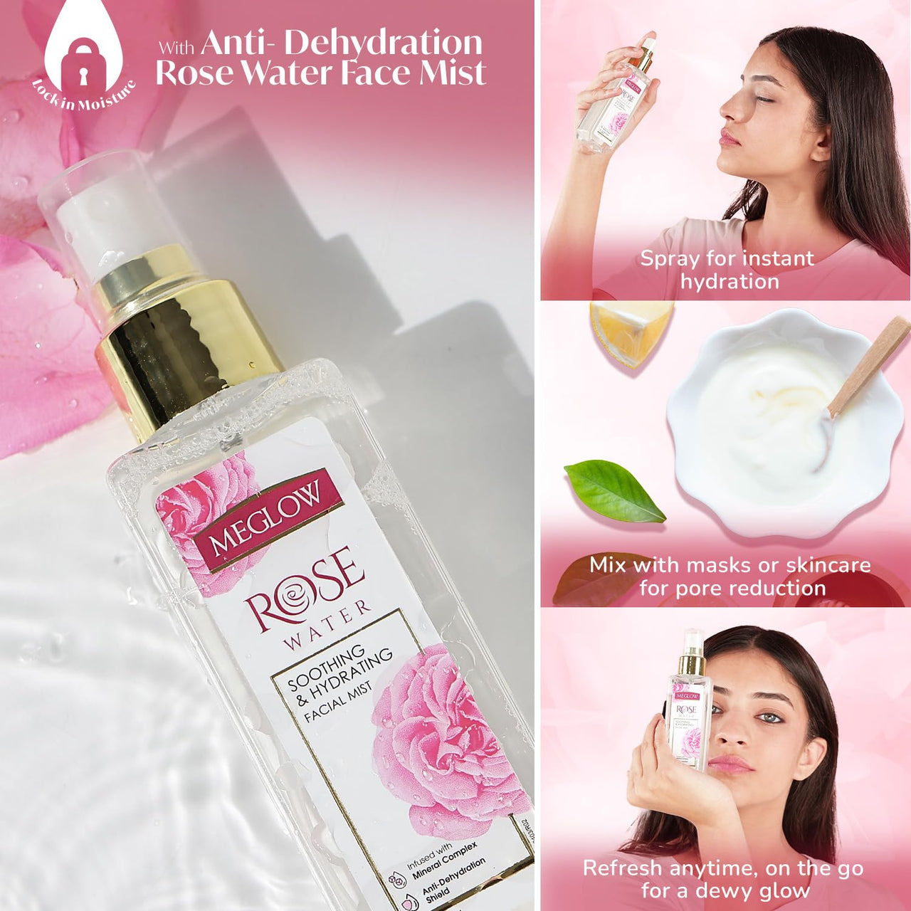Meglow Pure & Natural Rose Water Spray- 100ml | Hydrating Face Mist | Alcohol & Paraben Free | Natural Toner & Makeup Remover | Tightens Open Pores | For All Skin Types (Men & Women)
