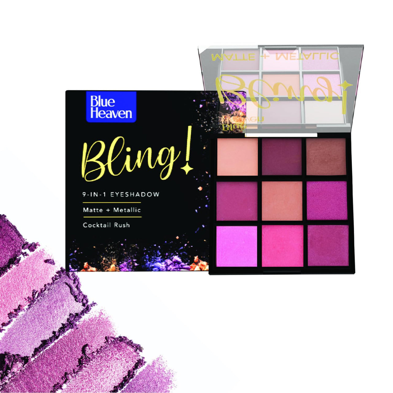 Blue Heaven Bling 9 in 1 Eyeshadow Palette | Highly Pigmented and Easily Blendable Eye Makeup | Matte & Metallic Shades | Long Lasting and Lightweight | Cocktail Rush, 9g