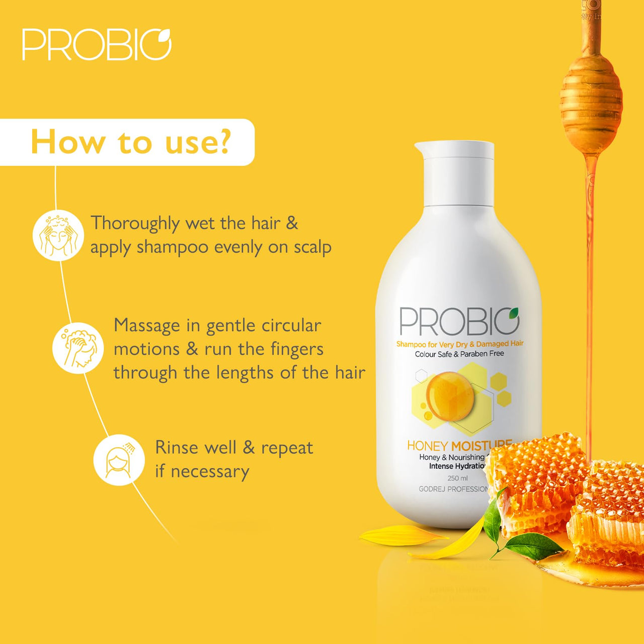 Godrej Professional Honey Moisture Shampoo, For Dry & Damaged Hair - 250ml, No Paraben, with Honey & Nourishing Oil