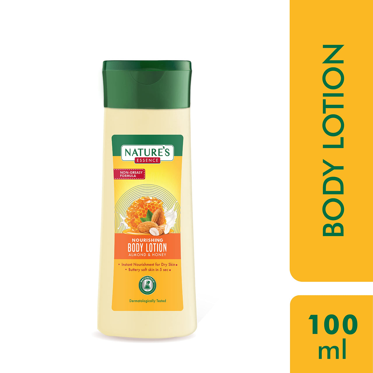 NATURE'S ESSENCE Almond & Honey Body Lotion, Smooth Skin in 5 Seconds, Nourishing & Non-Greasy for Dry to Rough Skin, Goodness of Aloe Vera & Shea Butter, White, 100 ml