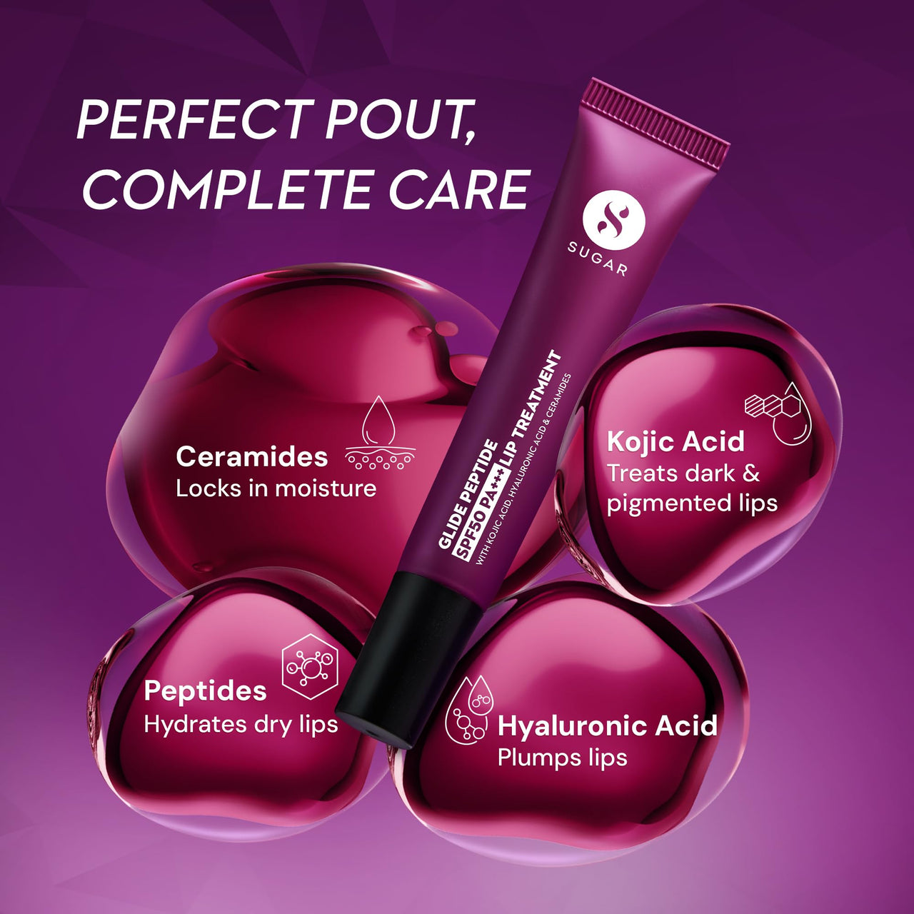 SUGAR Cosmetics Glide Peptide SPF50 PA+++ Lip Treatment | Infused Hyaluronic Acid, Ceramides & Vitamin E | Tinted Lip Balm | 10ml - 03 Berry Blast
