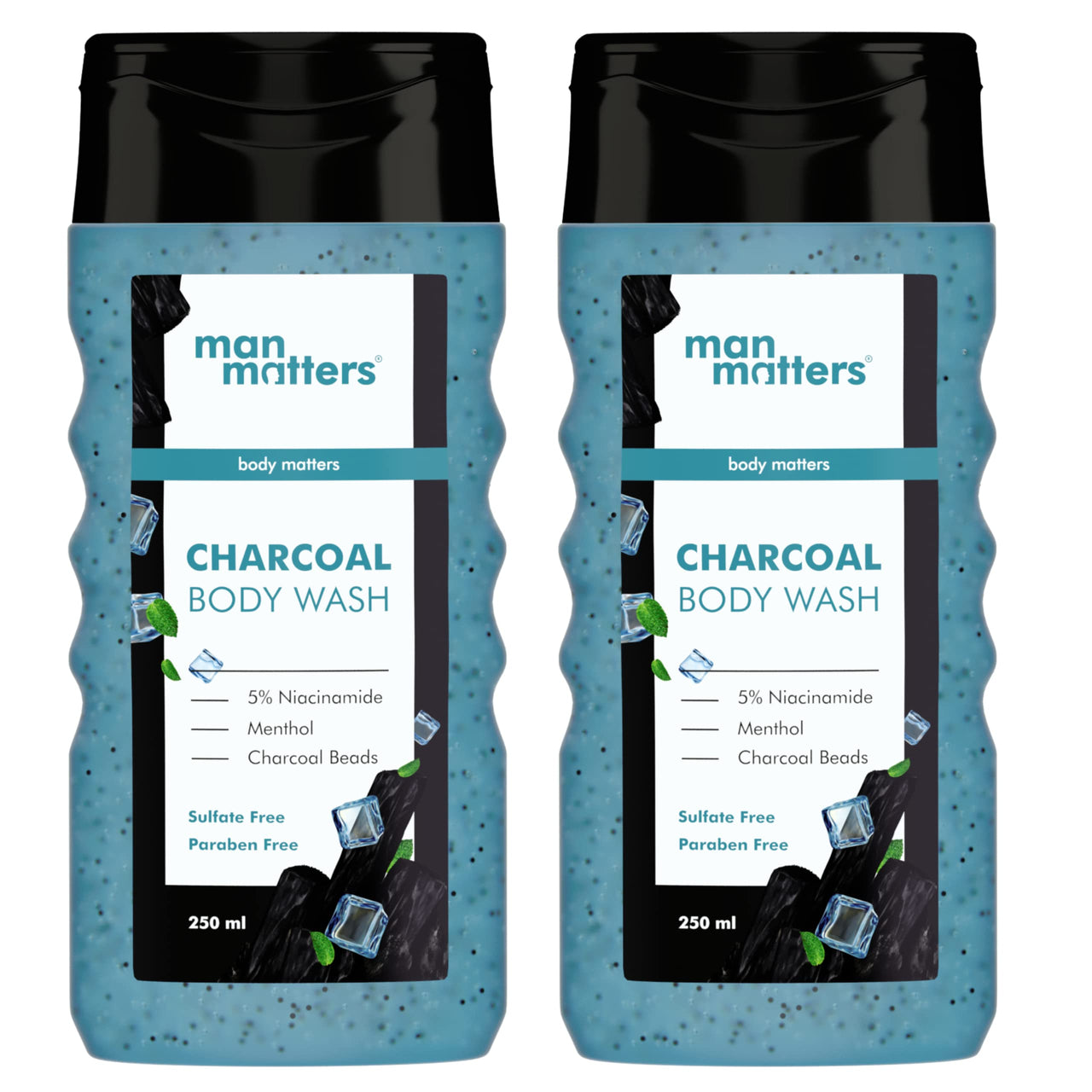 Man Matters 3 in 1 Action Charcoal Body Wash (Pack of 2) | Menthol, 5% Niacinamide & Activated Charcoal Beads | For Instant Cooling & Odor Protection | 500ml