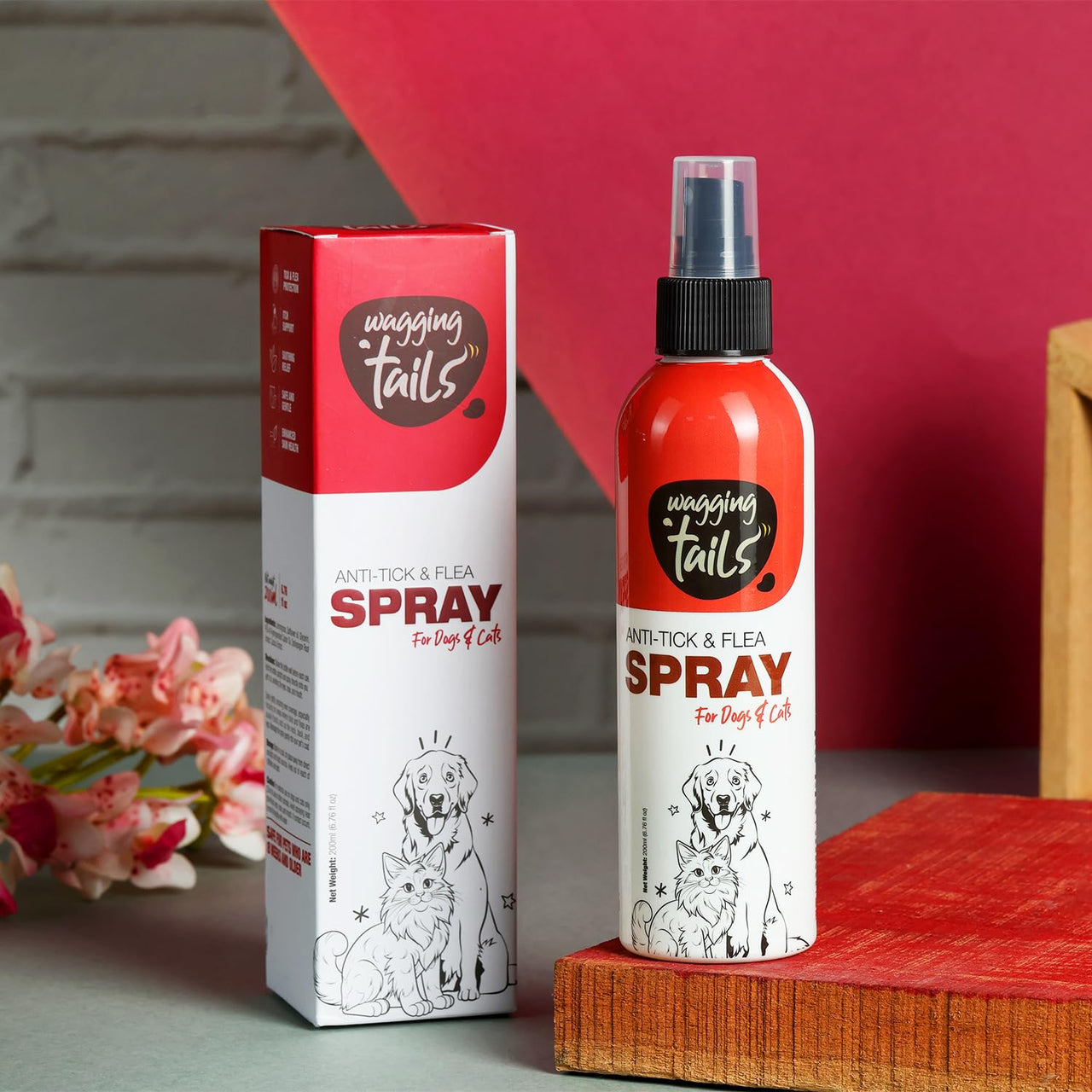 Wagging Tails Anti-Tick & Flea Spray for Dogs & Cats - 200ml | Reduces Flea Allergies, Ticks & Skin Irritations | Natural Ingredients, Easy to Apply | Non-Toxic, Safe for Pets
