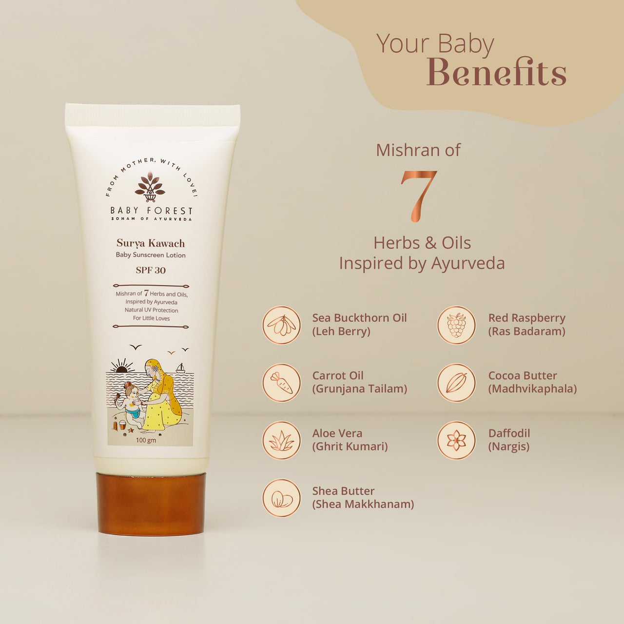Baby Forest Surya Kawach Baby Sunscreen Lotion | Kids Sunscreen with SPF 30 | Paraben Free | Kids Sunscreen Lotion for Summer | Ideal for 1-8 yrs | 100 gm
