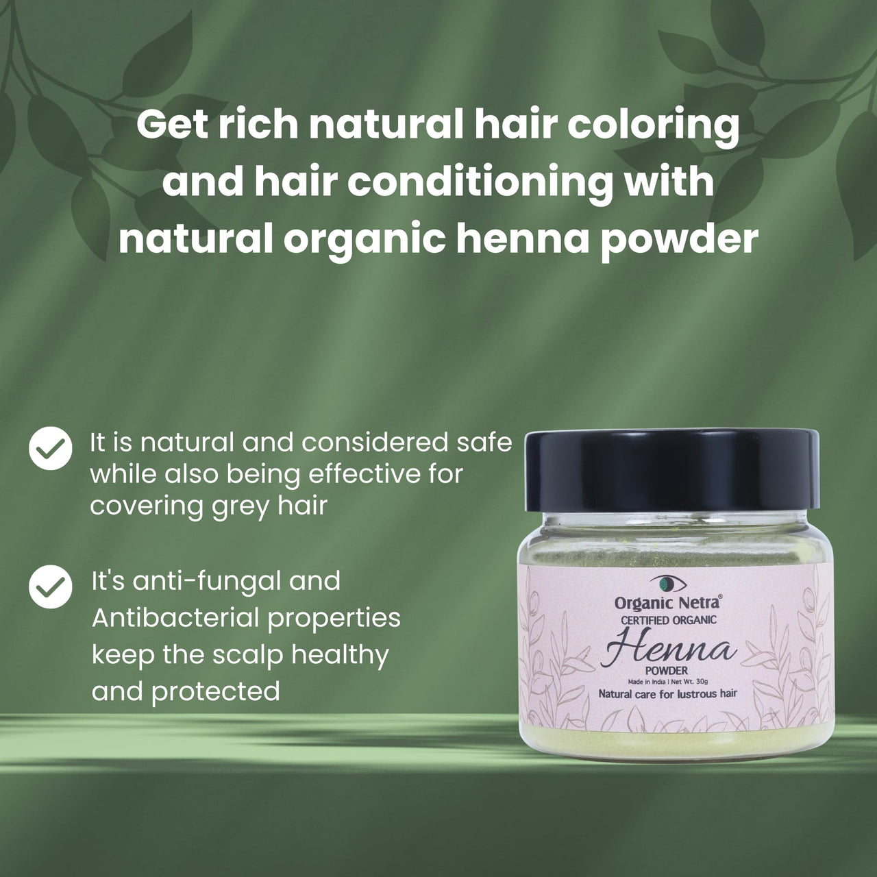 Organic Netra Henna Powder for Hair Colour, Pure and Natural Care for Lustrous Hair, Treats Scalp, Perfect Hair Conditioner, Cover Grey Hair, Chemical Free - 30g (Pack of 1)