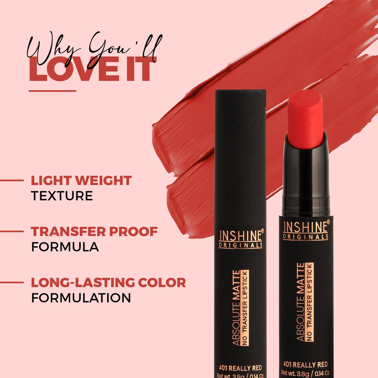 INSHINE Absolute Matte Lipstick - Long-lasting, Transfer-resistant, Velvety Matte Finish with Intense Color, Up to 12 Hours Wear | Perfect for Sophisticated Lips - RUBY RED