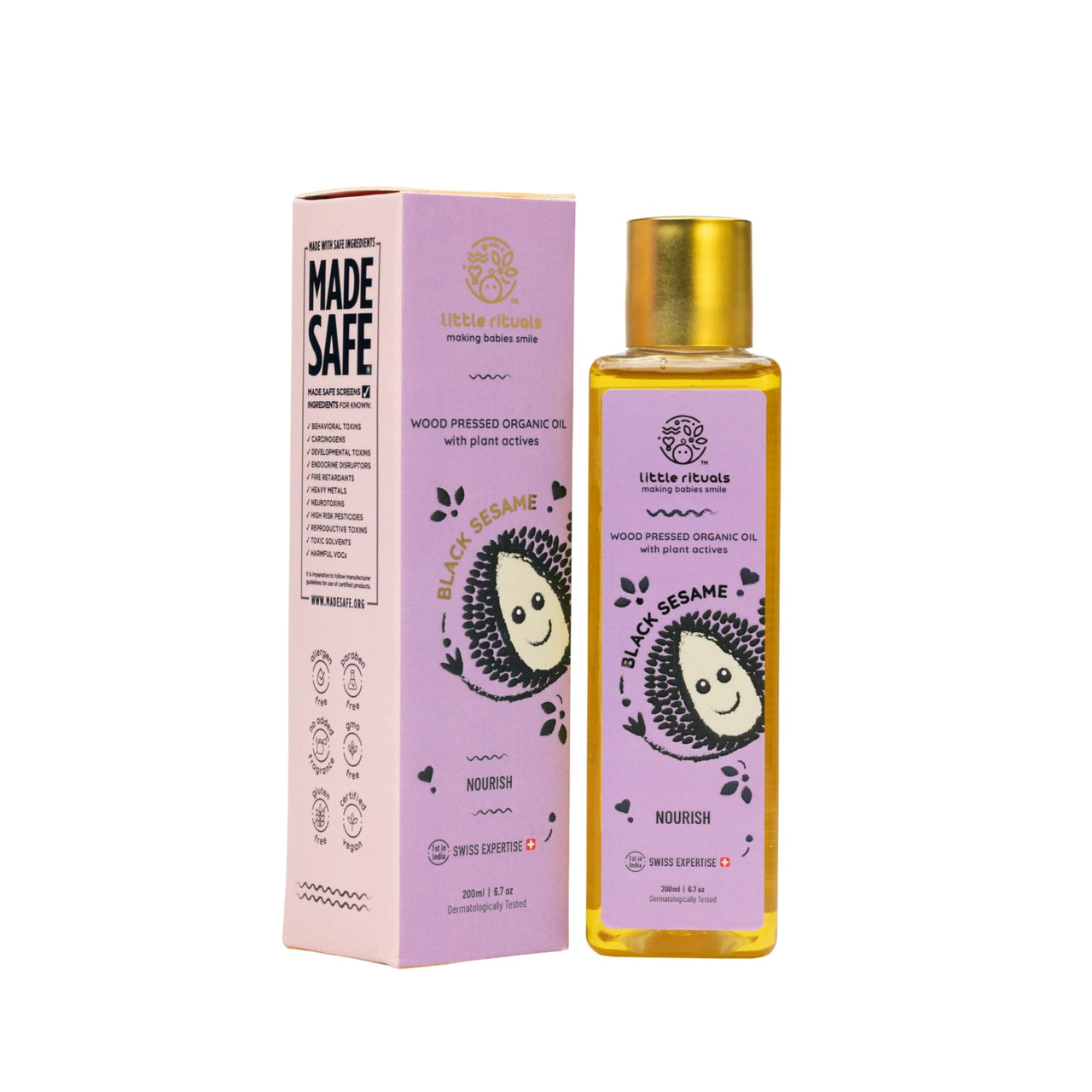 Little Rituals BLACK SESAME - BABY MASSAGE OIL Certified Organic, Wood Cold-Pressed for Skin and Hair with SWISS Plant Actives - 200 ml. Dermatologist Tested by Pediatrics, Mild & Gentle & Safe