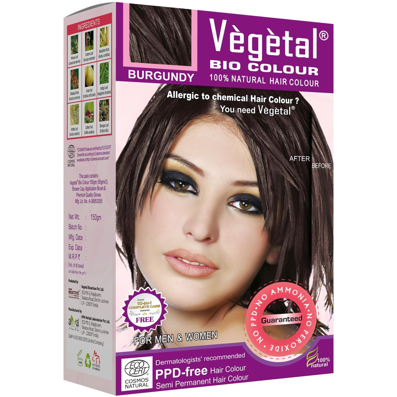Vegetal Bio Hair Colour - Burgundy | 150g | Achieve Natural, Ammonia-Free Hair Color | PPD-Free, 100% Herbal Certified Organic for Men and Women | UV Protection and Luster Maintenance | Complete Kit