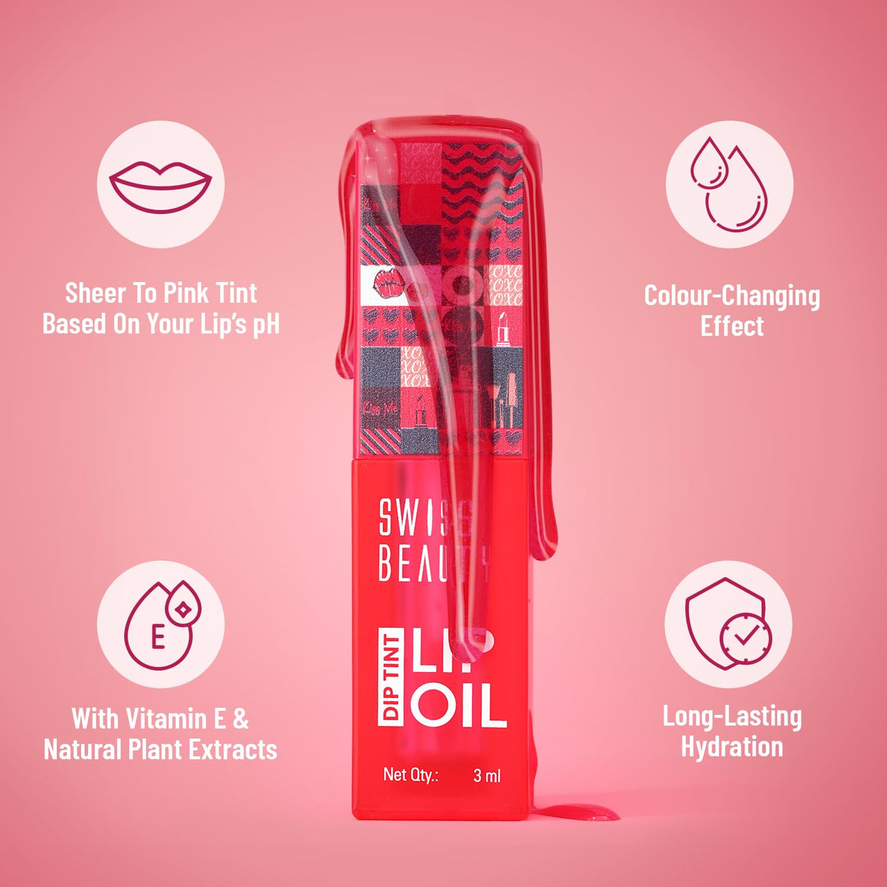 Swiss Beauty Dip Tint Colour Changing PH Lip Oil | With Vitamin E for Long-Lasting Nourishment and Hydration| Soft and Natural Pink Lips | Shade- Strawberry, 3ml