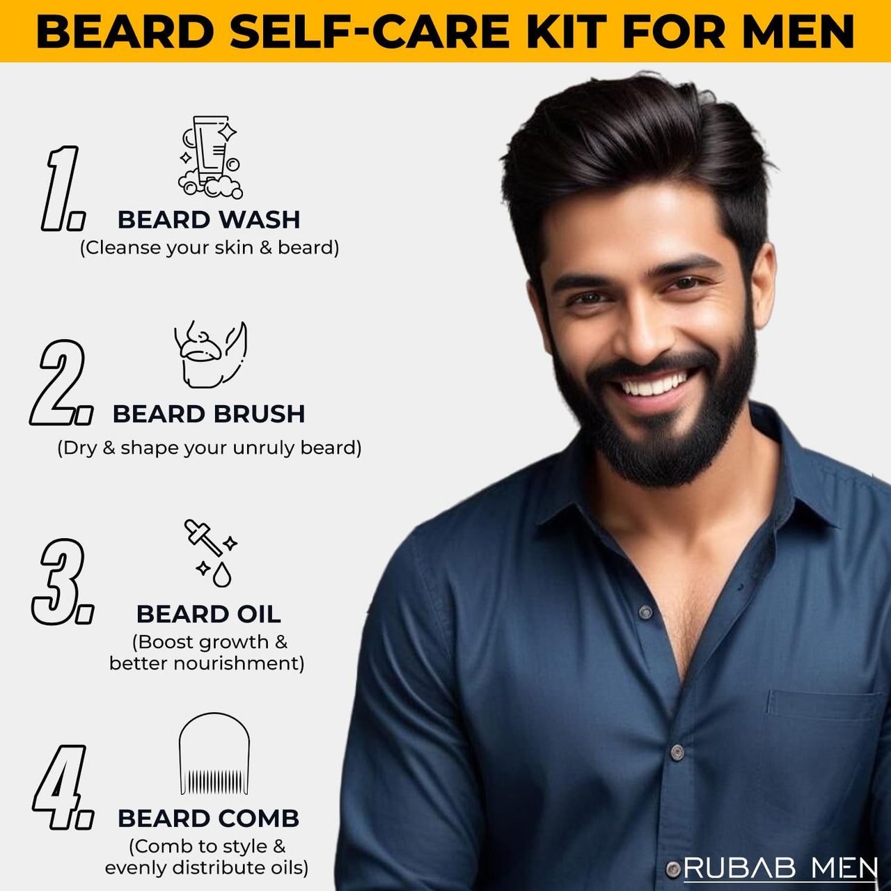 Rubab Men 4-in-1 Beard Kit for Men| Advance Beard Oil, Face & Beard Wash, Beard Brush & Wooden Beard Comb for Men| Daily Care of Beard or Amazing Gift Kit for Men