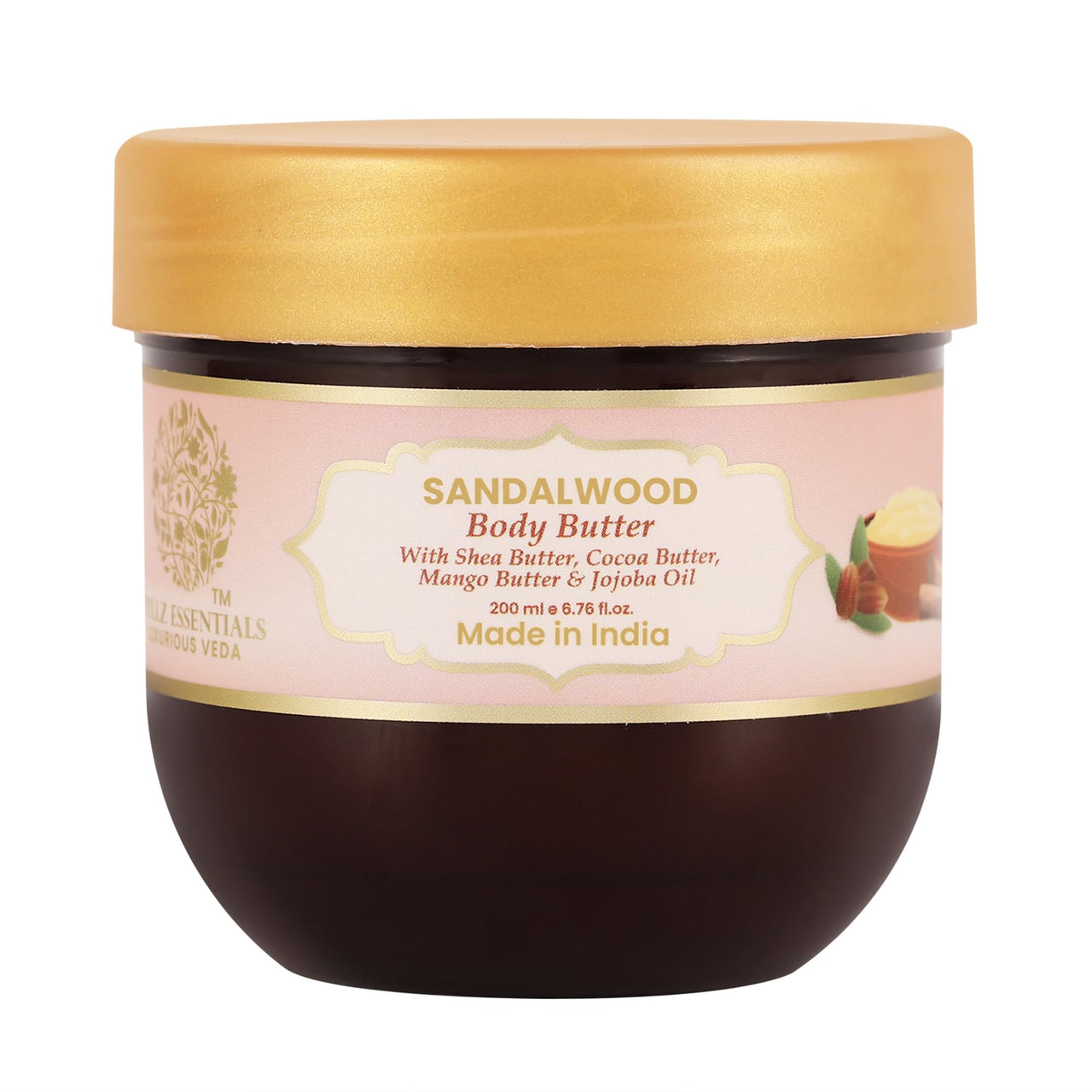 RYLLZ ESSENTIALS Sandalwood Body Butter | with Shea Butter, Cocoa Butter, Mango Butter, Niacinamide & Jojoba Oil | for 48Hrs Moisturisation, Stretch Marks, Dry/Itchy Skin & Uneven Skin Tone | 200 ml