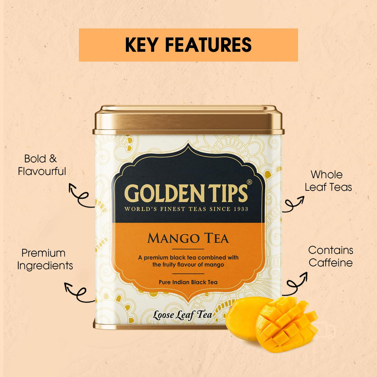 Golden Tips Mango Black Tea- Tin Can, 100 Gram