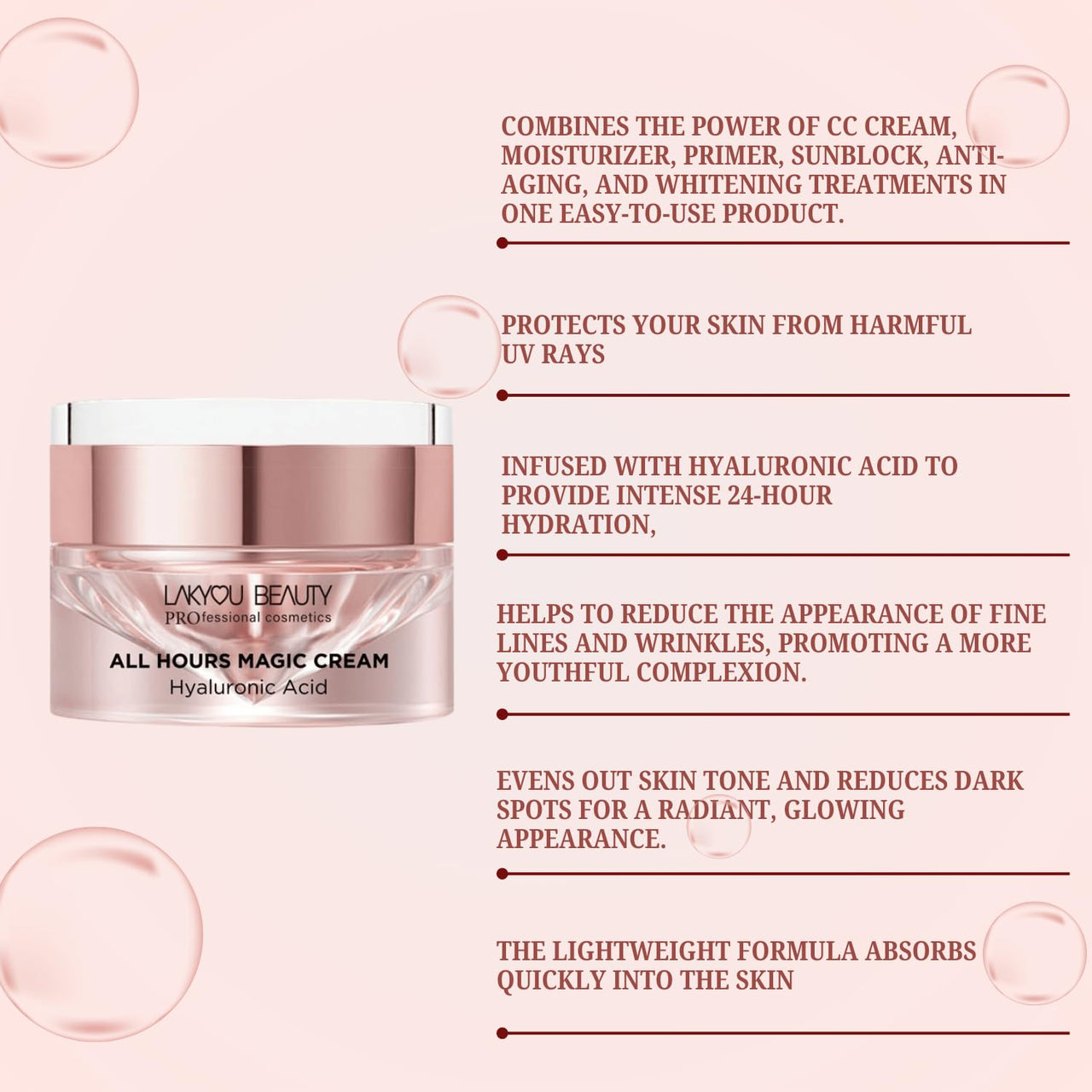 Lakyou Beauty All In One Magic Cream It Has Primer, Anti Aging, CC Cream, Sunblock, Whitening, Moisturizer Infused With Hyaluronic Acid 30ml