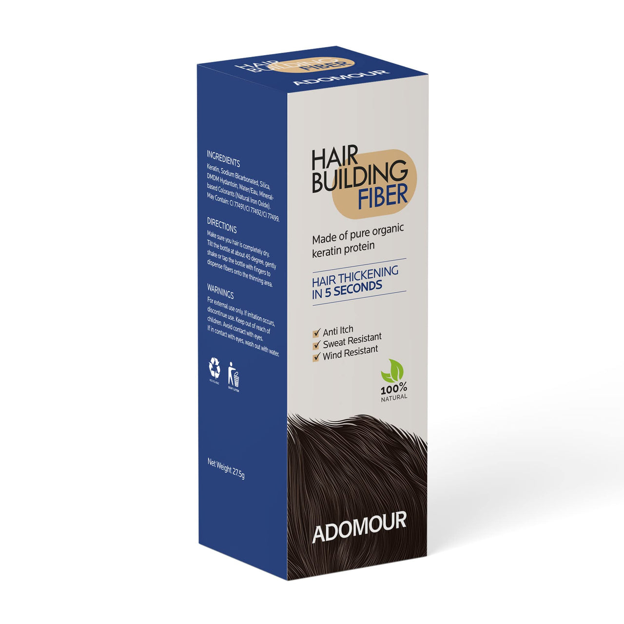 Adomour Hair Building Fiber 27.5g | Keratin Fibers for Thin, Fine & Thinning Hairs | Natural Coverage | For Thickening & Volumizing | Bald Spot Cover Up Hair Fiber Powder for Men & Women (Dark Brown)