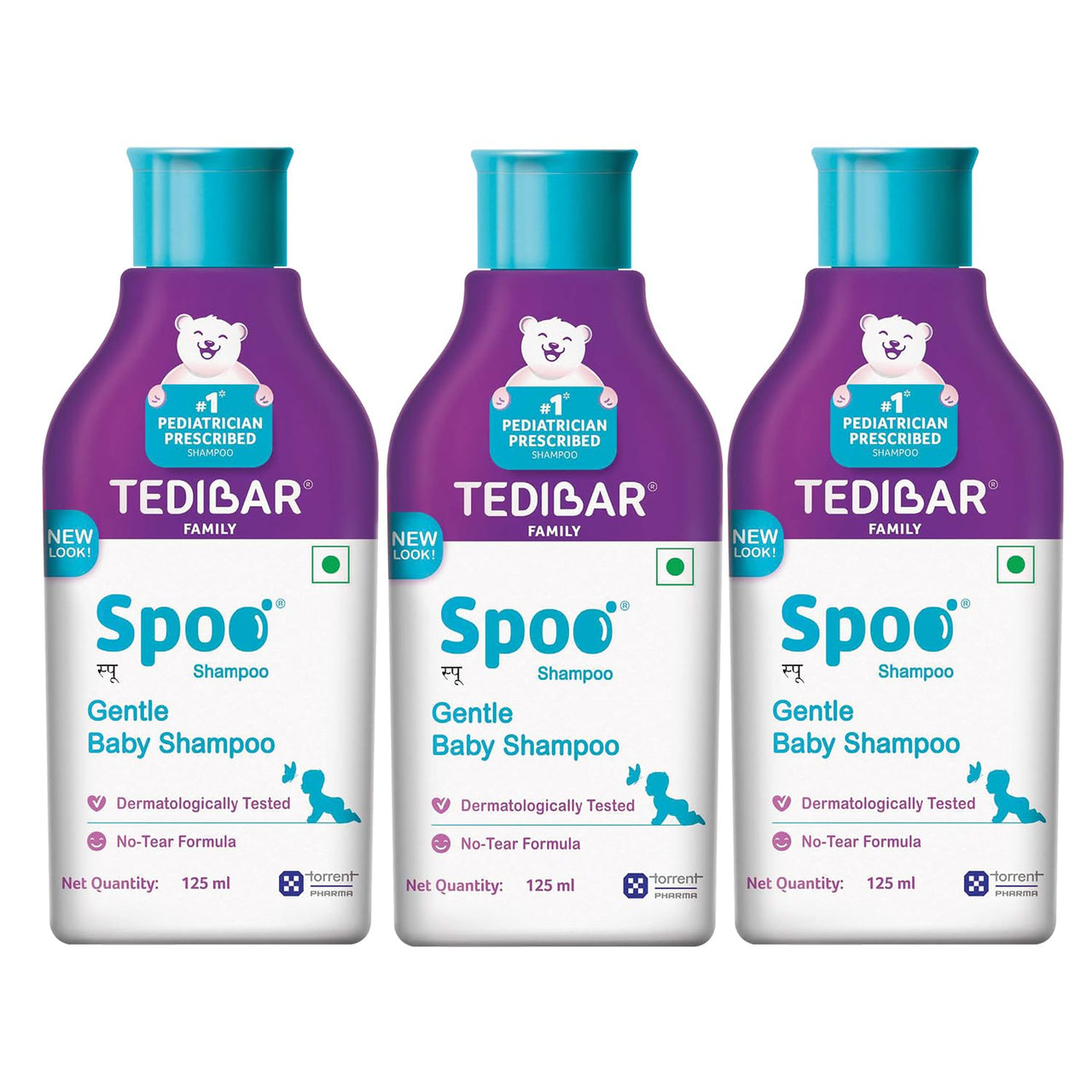 Spoo No-Tear Formula Baby Shampoo 125 ml (Pack of 3) from Tedibar Family | Gentle on Scalp | No. 1 Pediatrician Prescribed Shampoo* - By Torrent Pharma