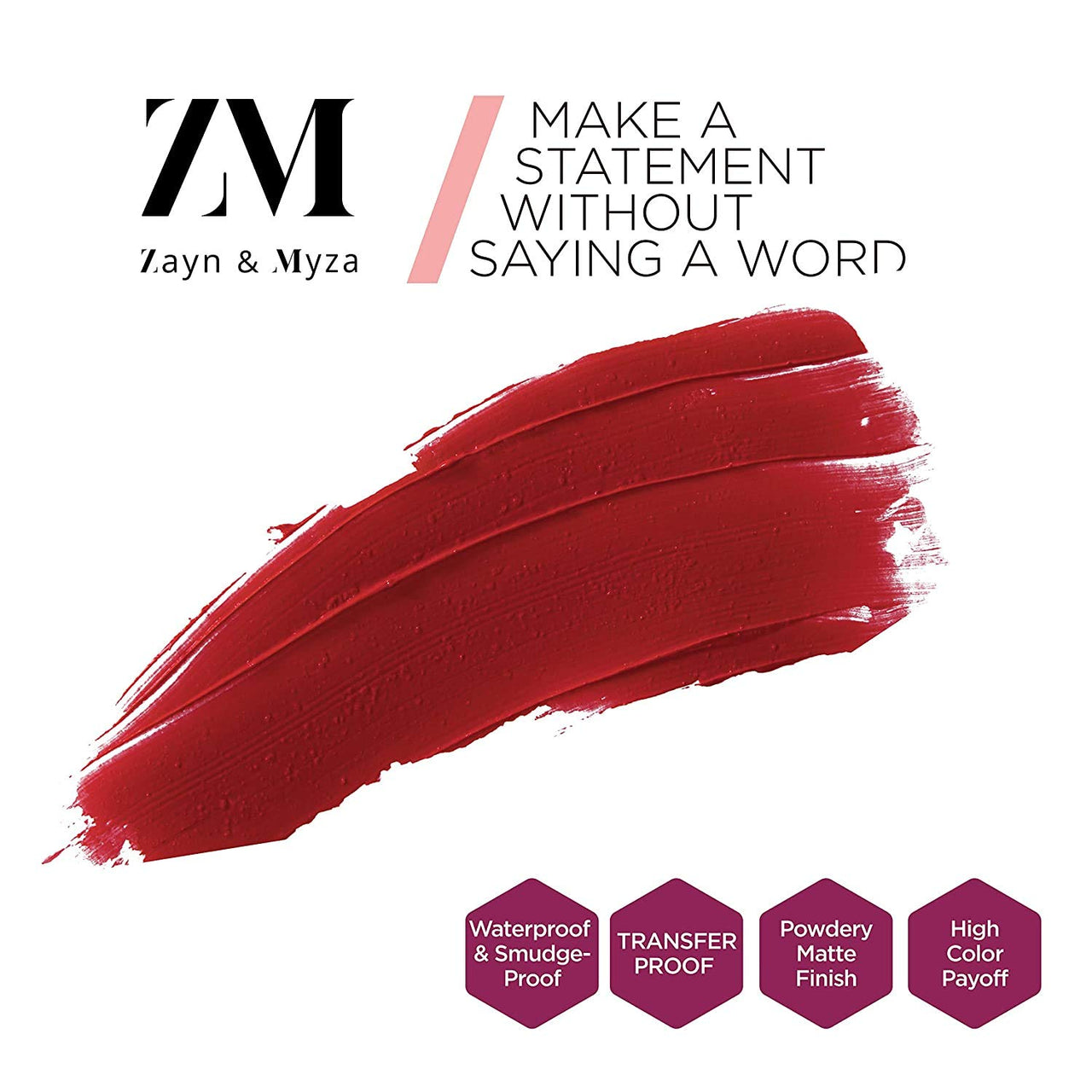 ZM Zayn & Myza Transfer-Proof Power Matte Finish Lip Colour I Smudge Proof & Water Resistant I Light Weight & Extremely Smooth Formula I Vegan - Red, 6 ml