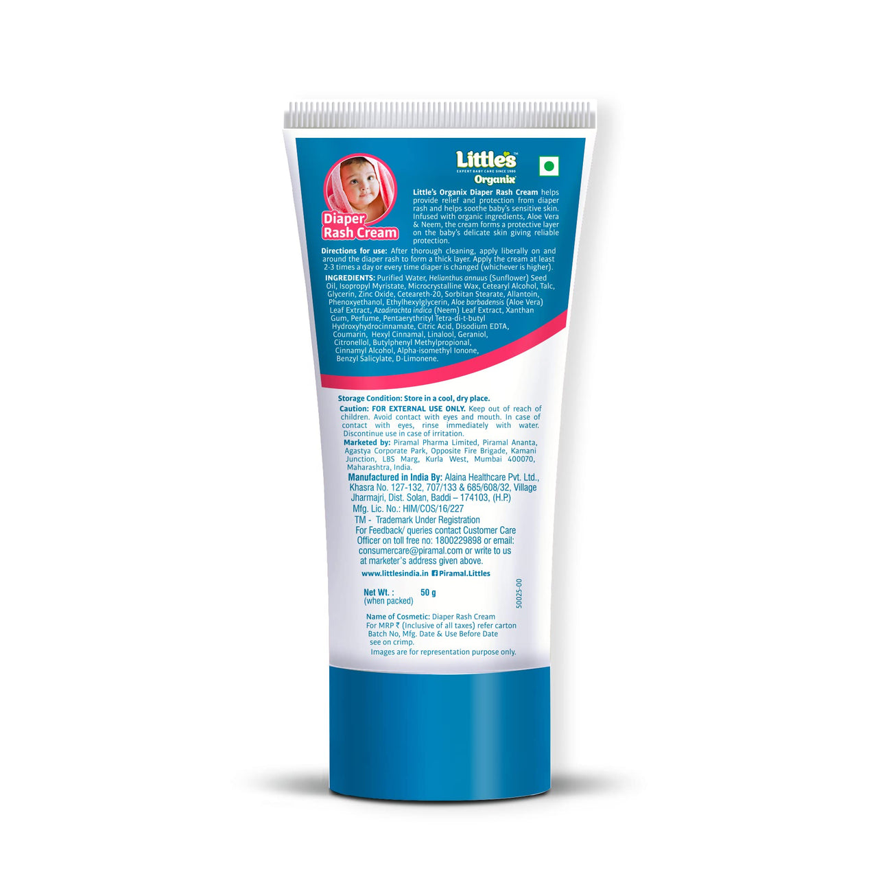 Little's Organix Diaper Rash Cream (50 g - Tube with Monocarton), with Organic Ingredients (Aloe Vera and Neem extract),White