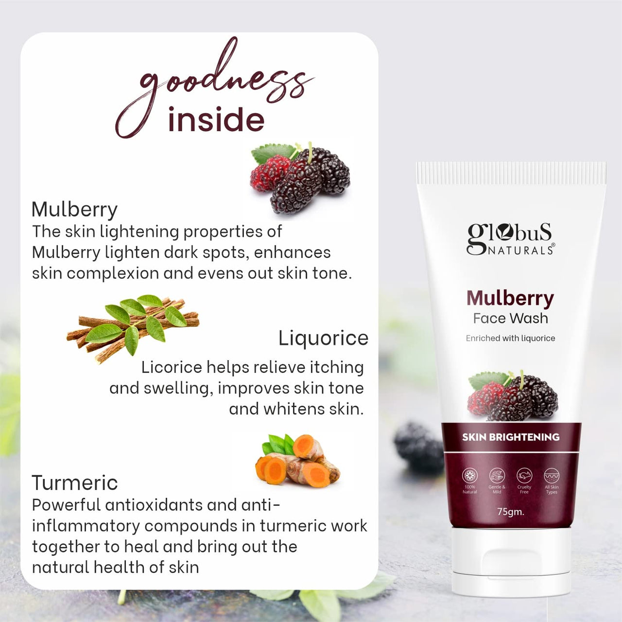 Globus Naturals Mulberry Fairness Face Wash For Even Skin Tone, Deep Cleansing Moisturizing 75 gm (Pack of 3)