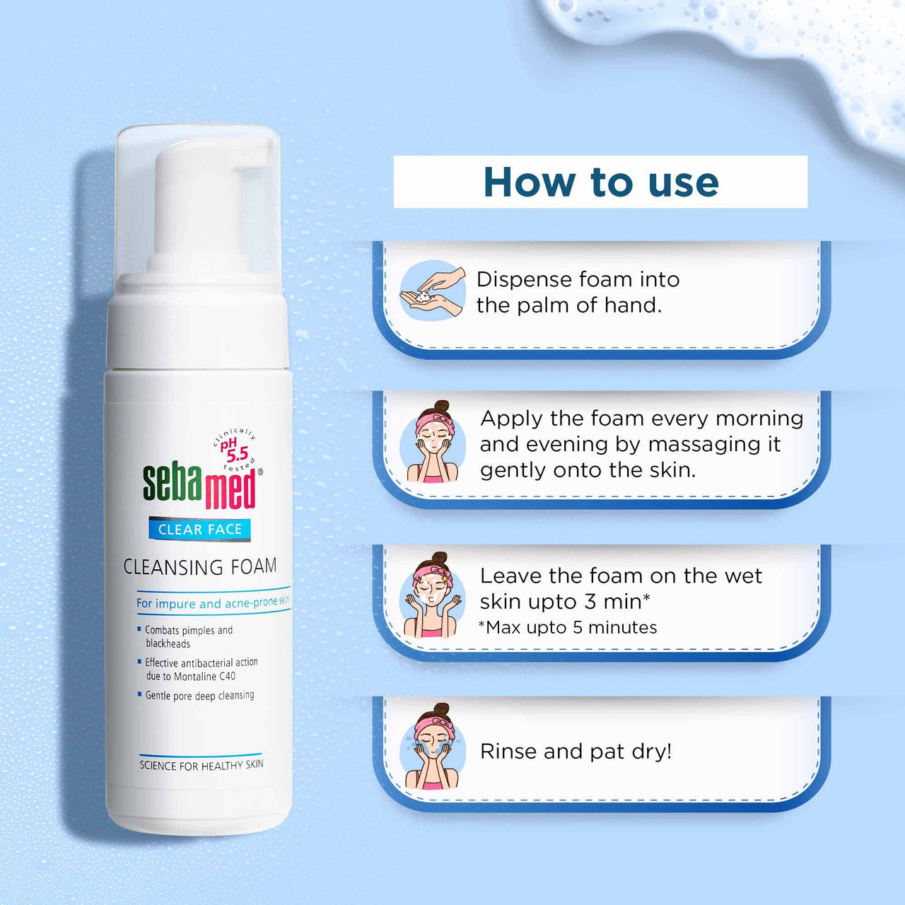 Sebamed Clear Face Cleansing Foam| pH 5.5 | Combats pimples with Montaline C40 | Deep pore cleansing | Dermatologically & clinically tested | 50ml