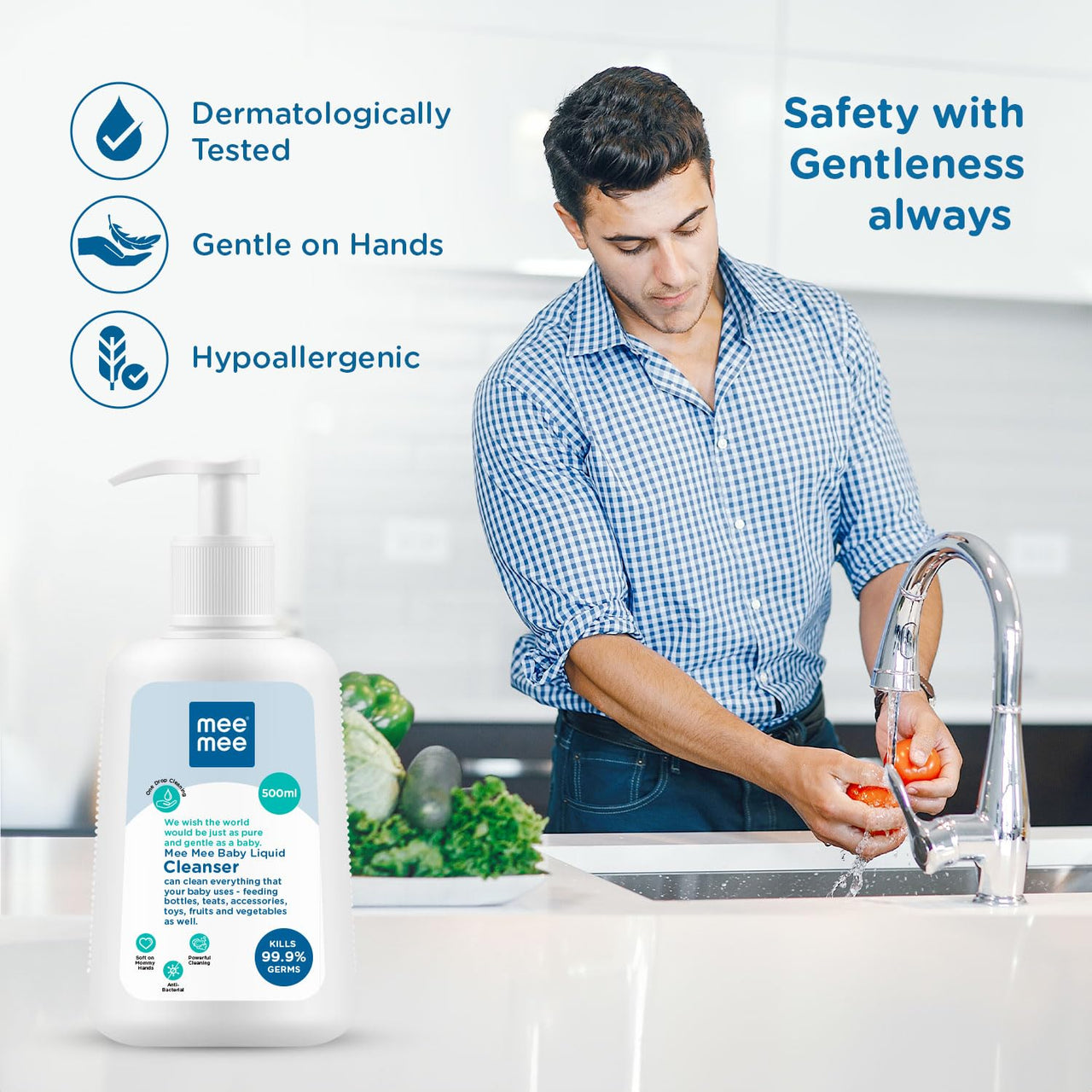 Mee Mee Baby Liquid Cleanser 500ml, Anti-Bacterial Kills 99.9% Germs | Cleanser for Bottles, Nipples, Accessories, Toys, Fruits & Vegetables | No Alcohol, One Drop Cleaning, Dermatologically Tested