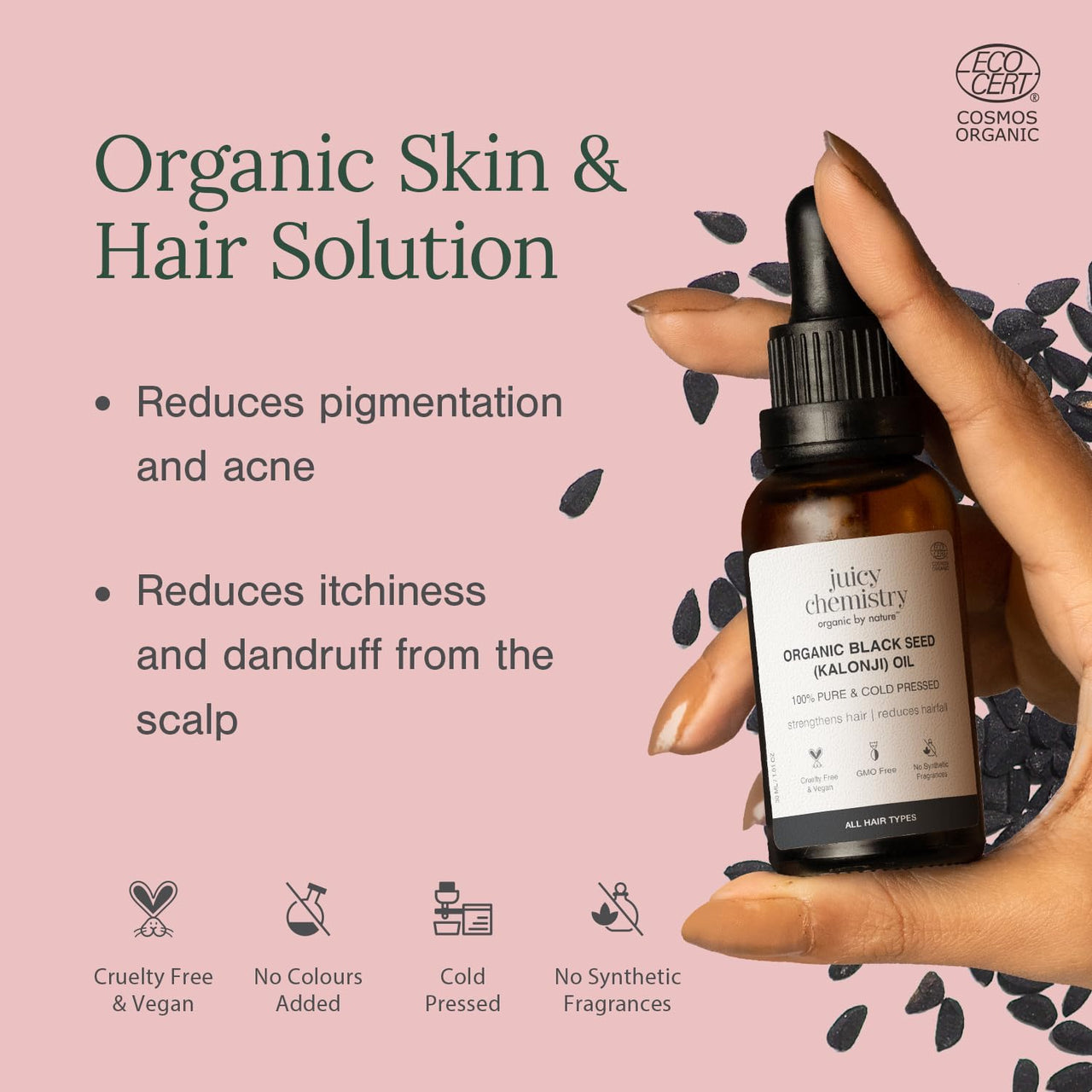 Juicy Chemistry Certified Organic Blackseed Kalonji Oil, 30 ml | 100% Pure, Cold-pressed Oil for Healthy Scalp, Dry Hair, and Hair Loss | Helps Promote Hair Growth and Healthy Hair