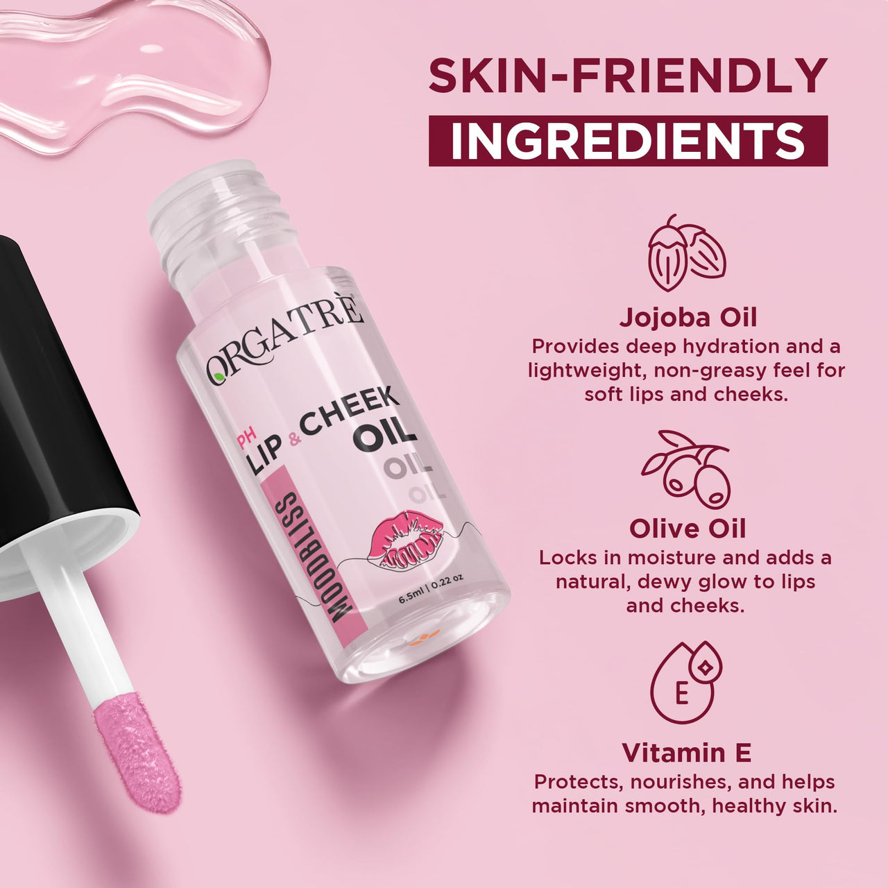 Orgatre PH Lip & Cheek Oil | Lip tint gloss | Color Changing Tint for Women | With Jojoba & Olive Oil, Vitamin E | Non-Sticky, Hydrating & Long-Lasting Glow | 2-in-1 Lip & Cheek Tint for Soft Pink Look | 6.5ml