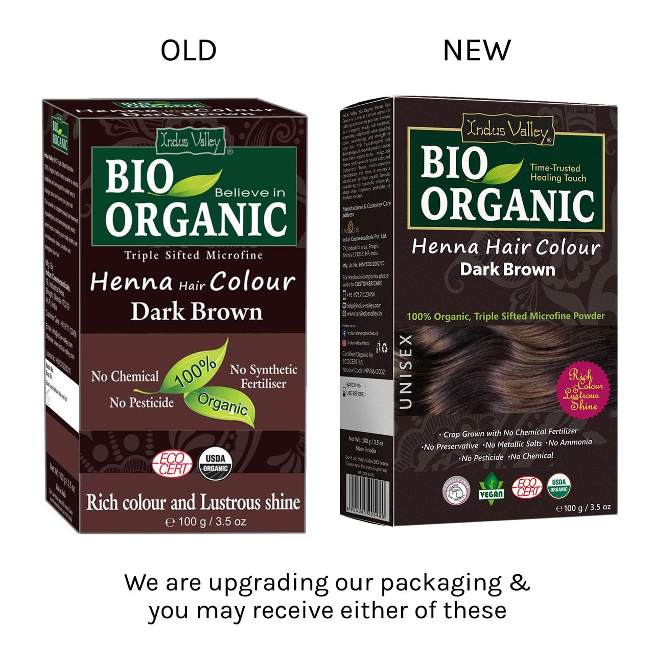 INDUS VALLEY 100% Organic Henna Hair Color Dark Brown Nourishes and Moisturizes Hairs Triple Sifted Microfine Powder (100g)