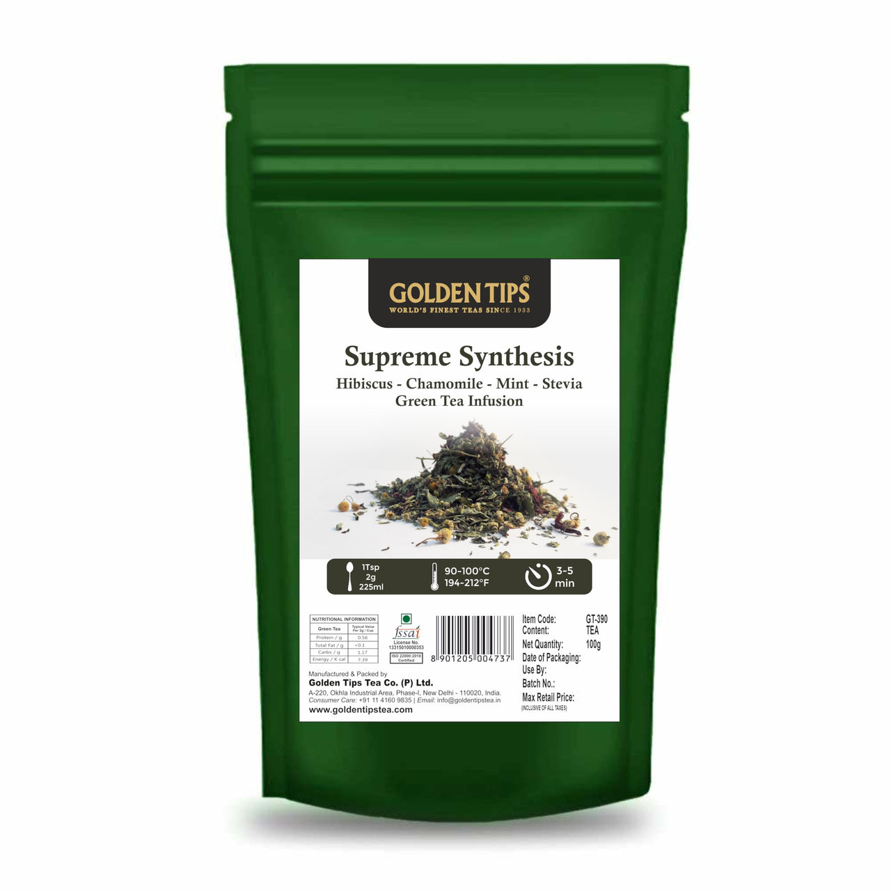 Golden Tips Supreme Synthesis, Soothing Herbal Green Tea Blend, Hibiscus, Chamomile, Mint & Stevia, Antioxidant-Rich Detox Tea, Supports Relaxation & Immunity, Hot or Iced (100 Gram, 50 Cups)