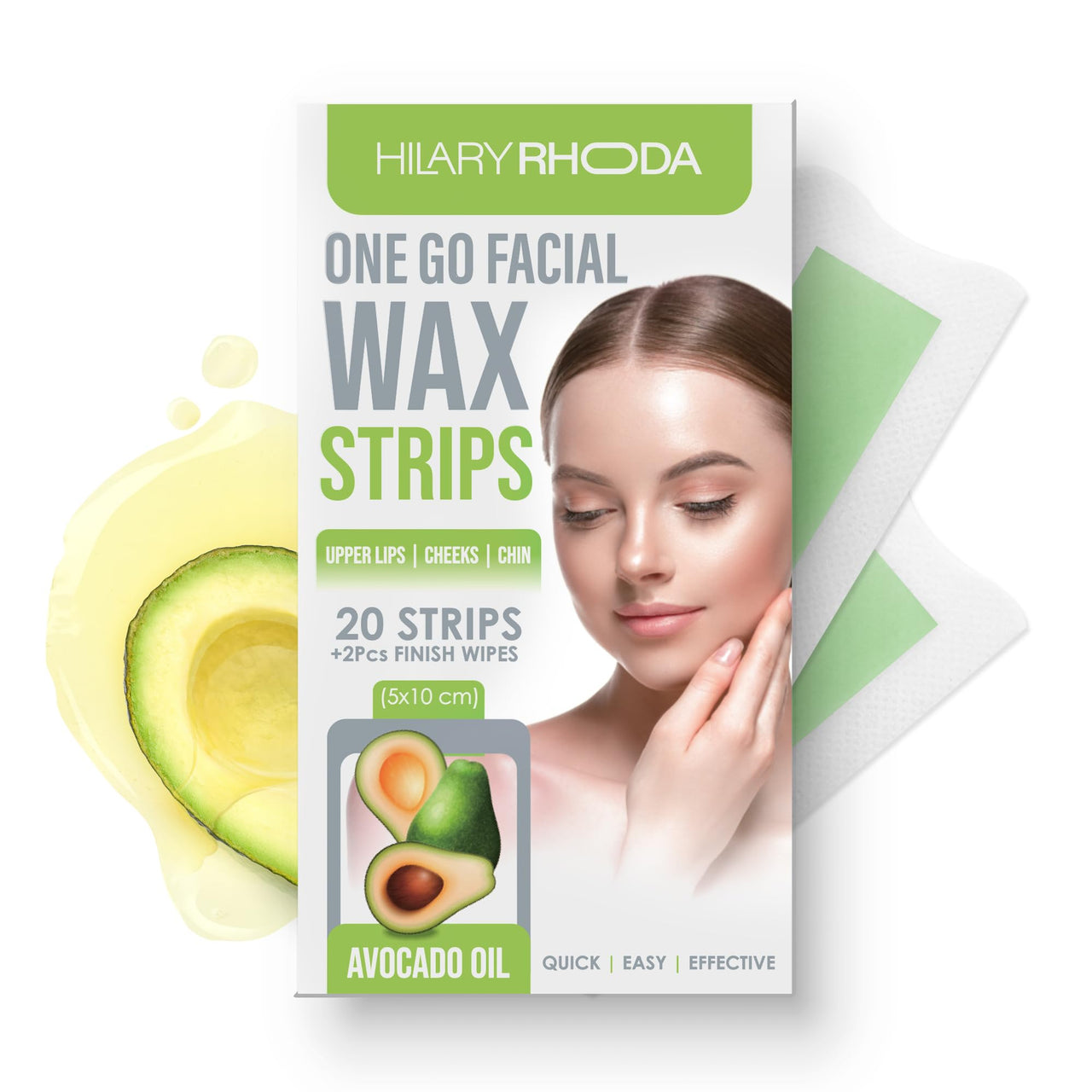 Hilary Rhoda Women One Go Facial Wax Strips - Ready-To-Use for Face, Cheek, Upper Lip & Chin - With 2 Finish Wipes - 20 Strips (Avocado Oil), Pack of 1