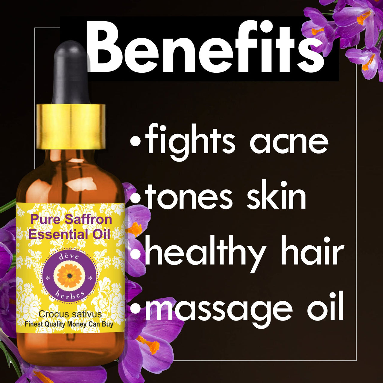 Deve Herbes Saffron Essential Oil (Crocus sativus) with Glass Dropper Pure | Non-Sticky | Non-greasy | Lightweight | Men & Women | All Skin Types | Steam Distilled 5ml