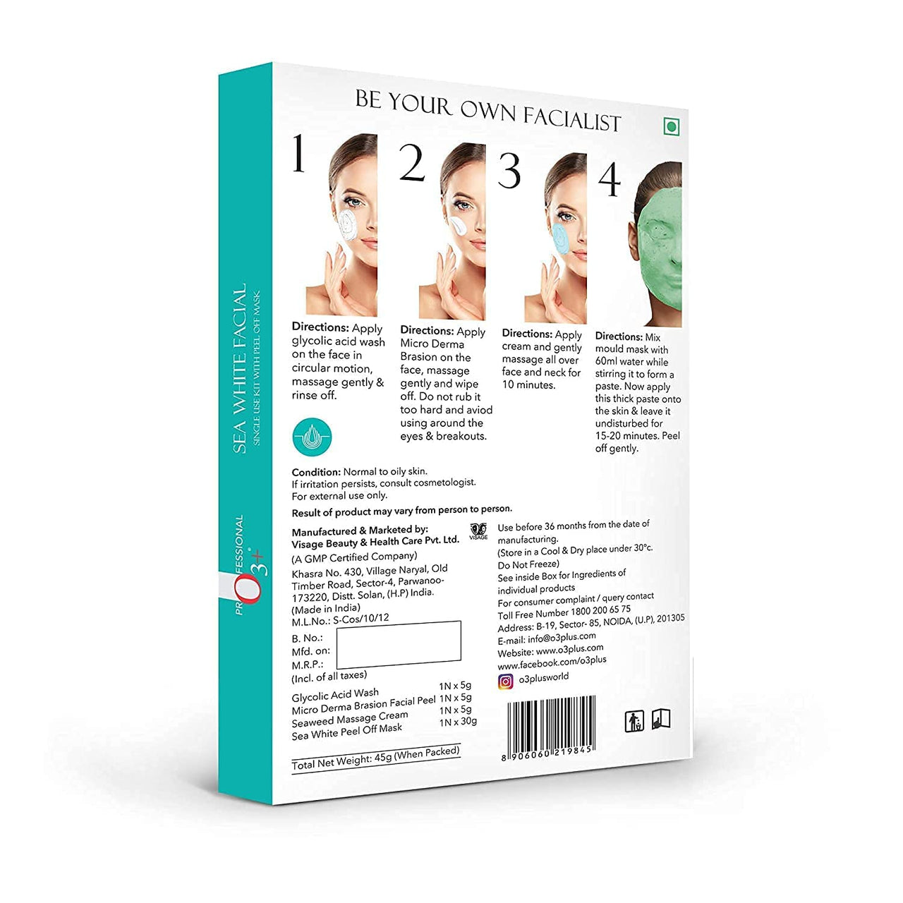 O3+ Sea White Brightening Facial Kit With Peel Off Mask Suitable (45g, Single Use Facial Kit) & O3+ Caffeine Bomb Anti Dark Circle Eye Patch & Eye D Tan (single use only) 5G Combo