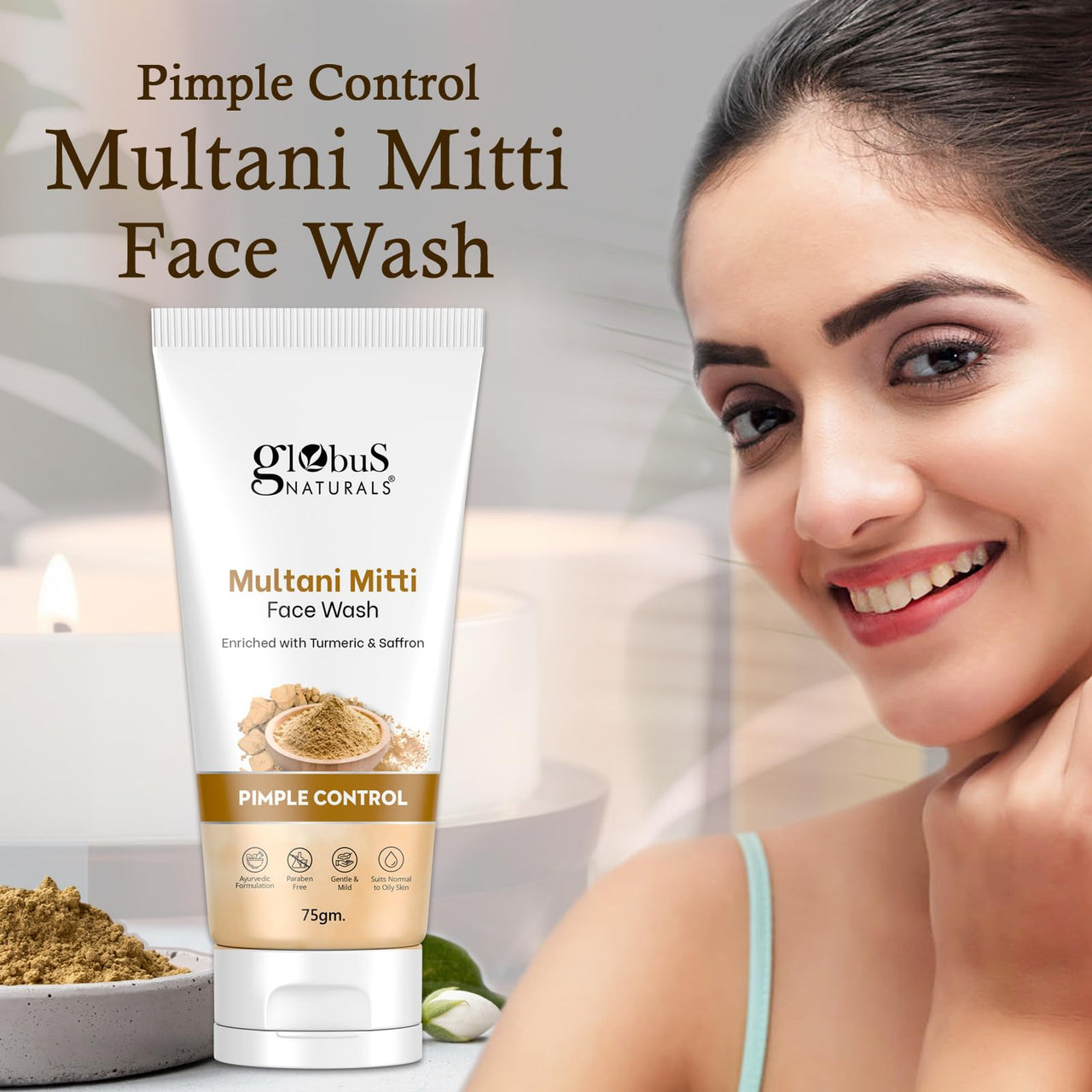 Globus Naturals Multani Mitti Face Wash, Enriched With Turmeric & Saffron, For Pimple Control, Suitable For Oily & Acne Prone Skin, 75 gm